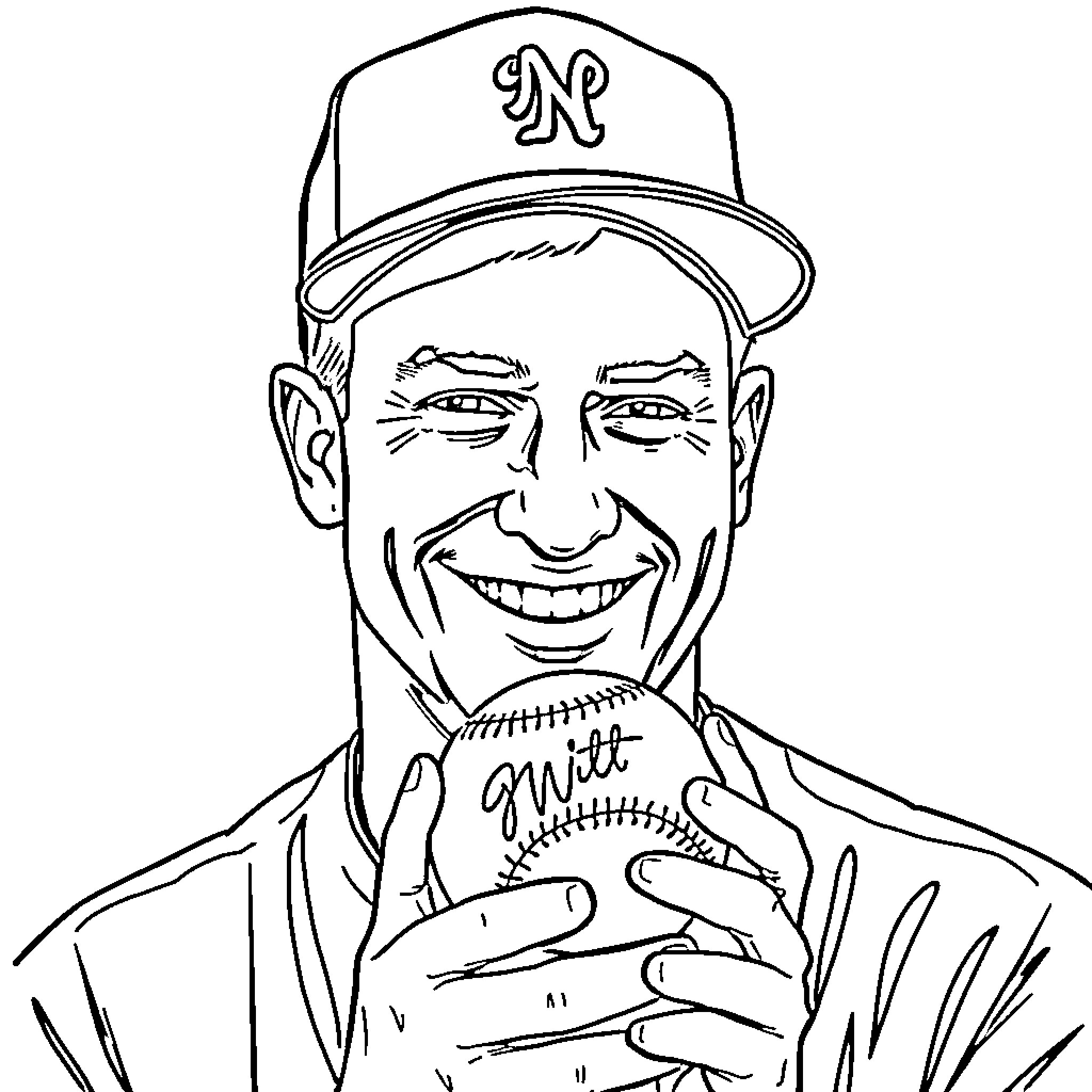 Bobby Witt Jr. smiling and holding a baseball Coloring Page (free black-and-white line drawing printable PDF for all, from beginners to advanced learners, including children, teens, adults, and seniors)