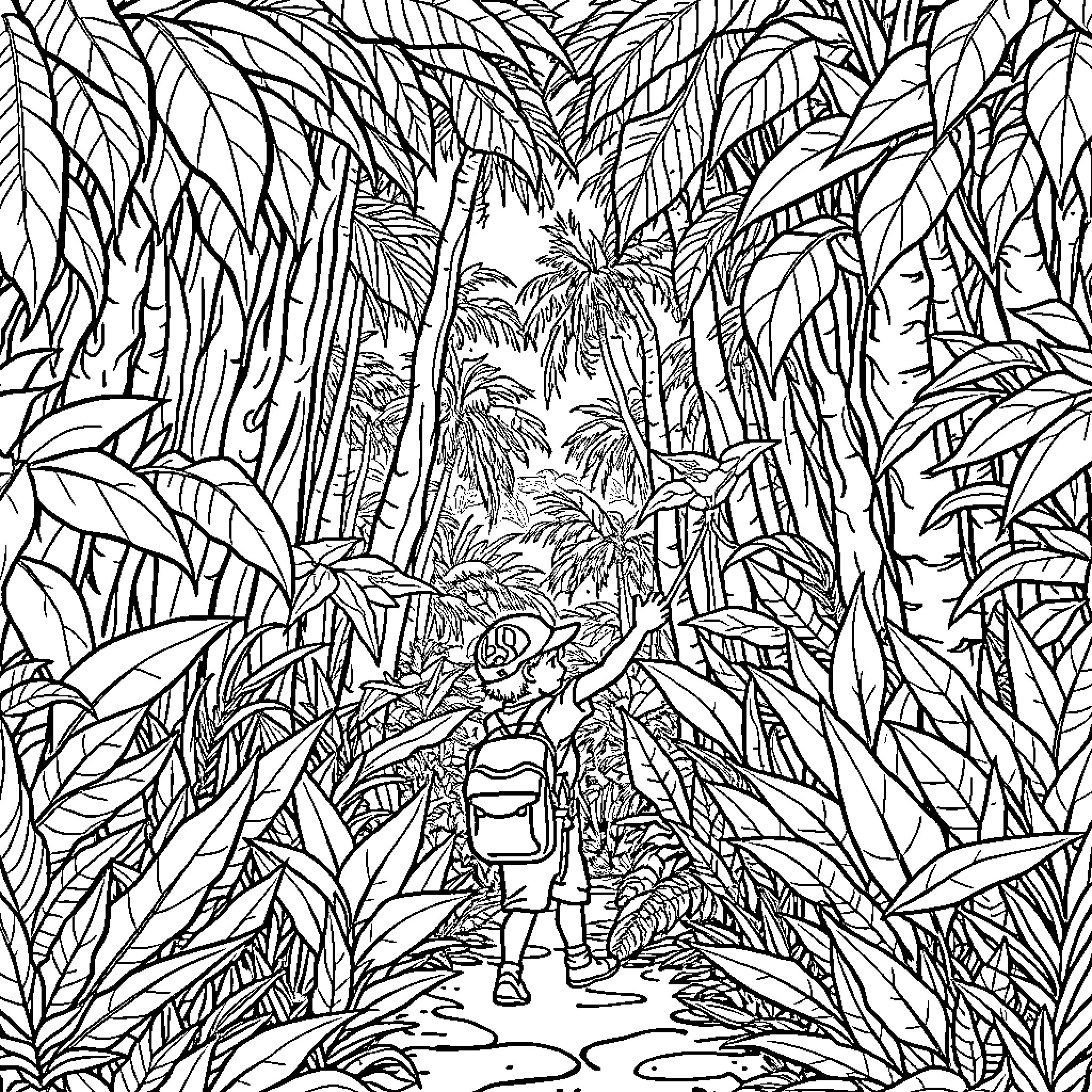 Explorer navigating dense jungle foliage Coloring Page (free black-and-white line drawing printable PDF for all, from beginners to advanced learners, including children, teens, adults, and seniors)