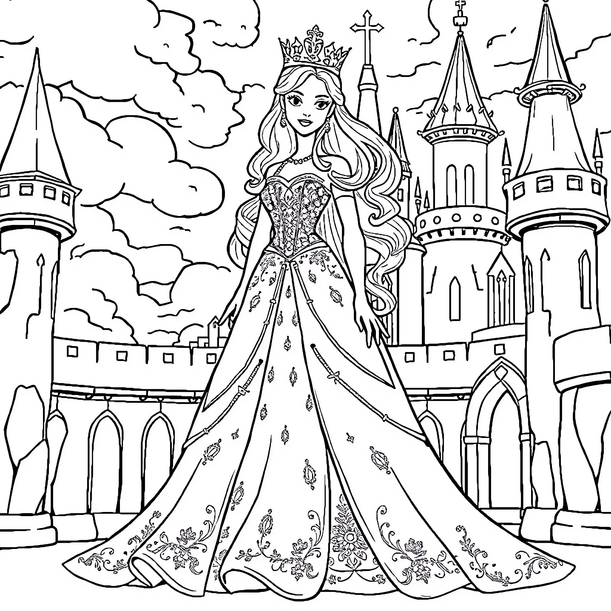 Princess in a grand castle with towers Coloring Page (free black-and-white line drawing printable PDF for all, from beginners to advanced learners, including children, teens, adults, and seniors)
