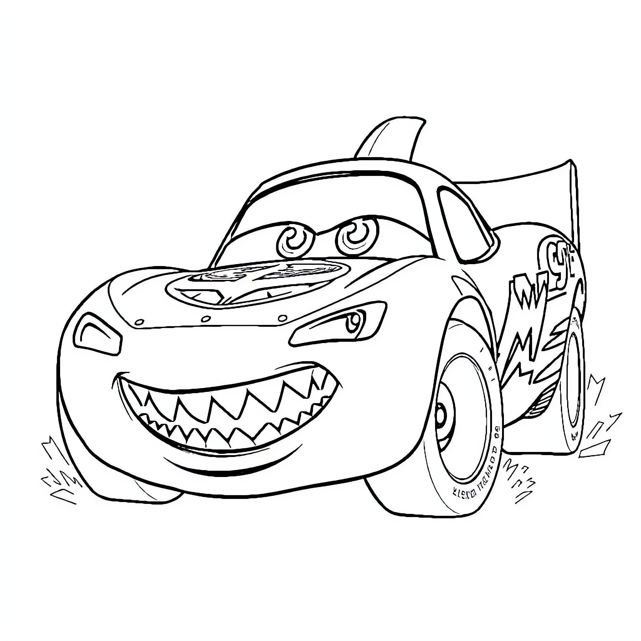 Lightning McQueen's Intimidating Grin and Racer Outfit Coloring Page (free black-and-white line drawing printable PDF for all, from beginners to advanced learners, including children, teens, adults, and seniors)