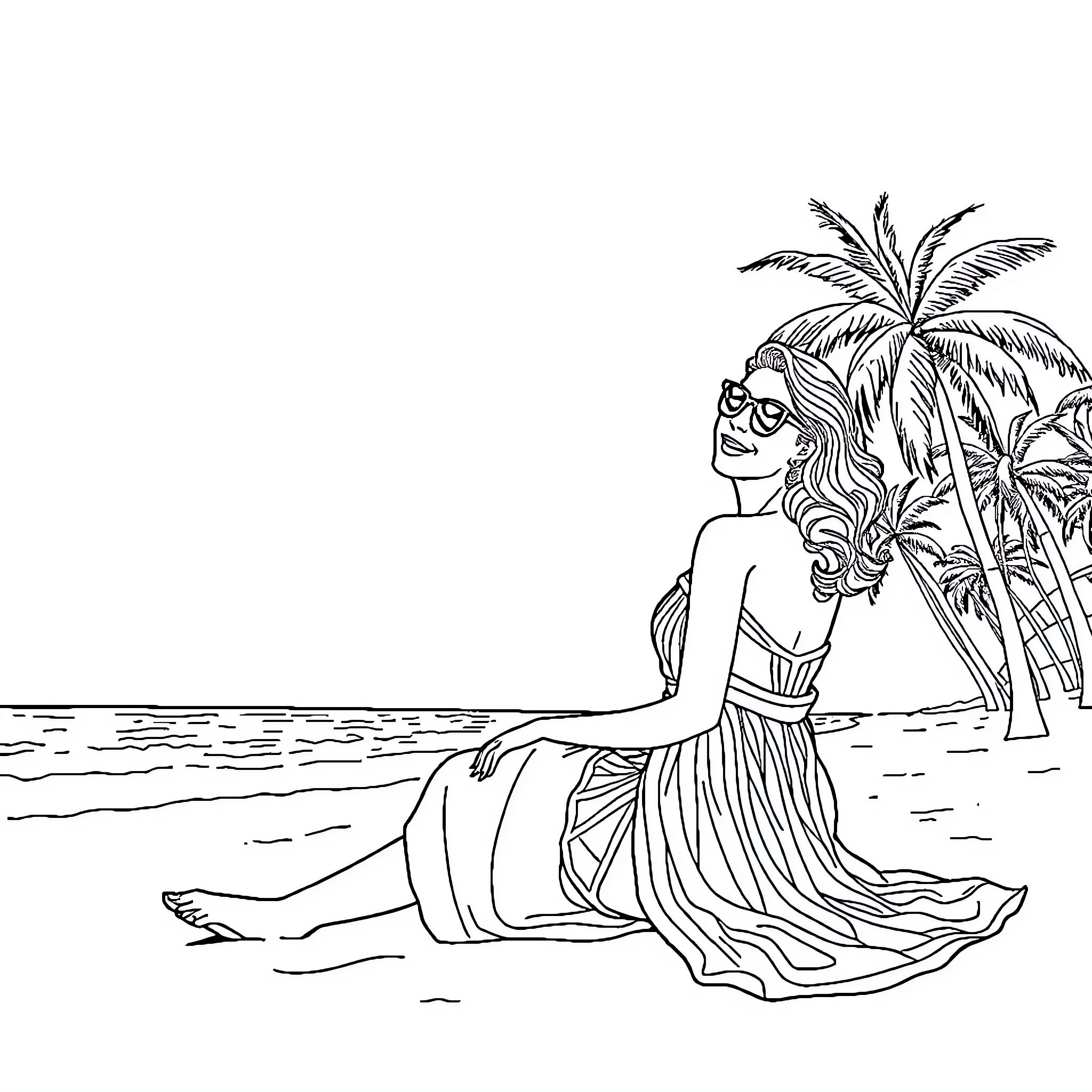Woman relaxing on the beach under palm trees Coloring Page (free black-and-white line drawing printable PDF for all, from beginners to advanced learners, including children, teens, adults, and seniors)