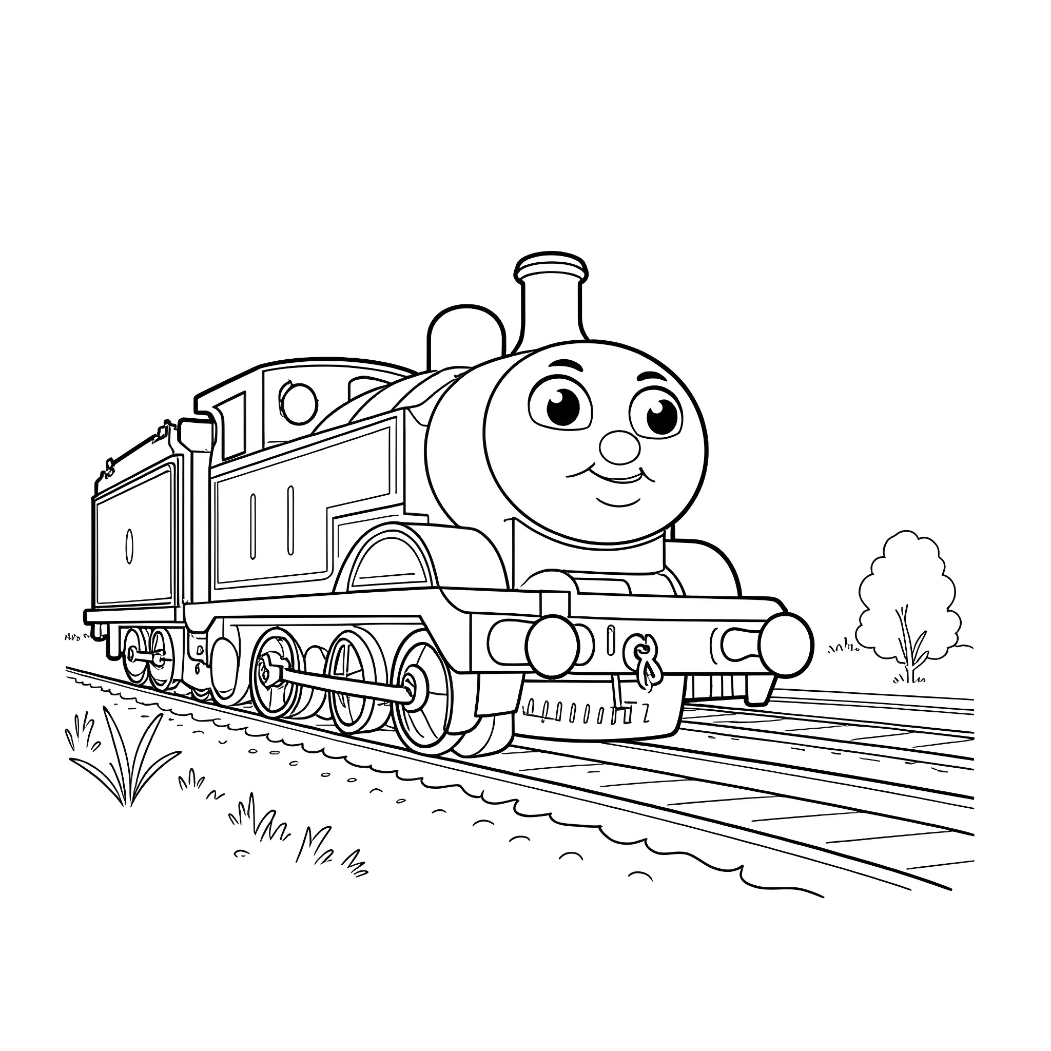 Thomas the Tank Engine on the Tracks Coloring Page (free black-and-white line drawing printable PDF for all, from beginners to advanced learners, including children, teens, adults, and seniors)