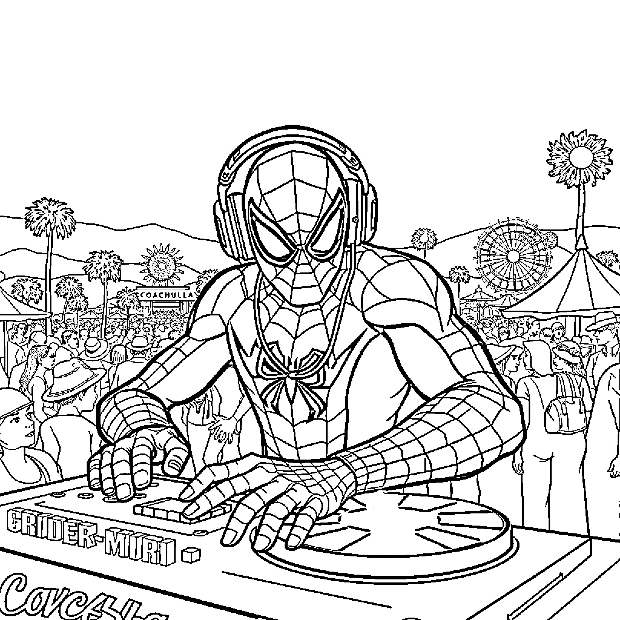Spiderman DJing at a carnival festival Coloring Page (free black-and-white line drawing printable PDF for all, from beginners to advanced learners, including children, teens, adults, and seniors)