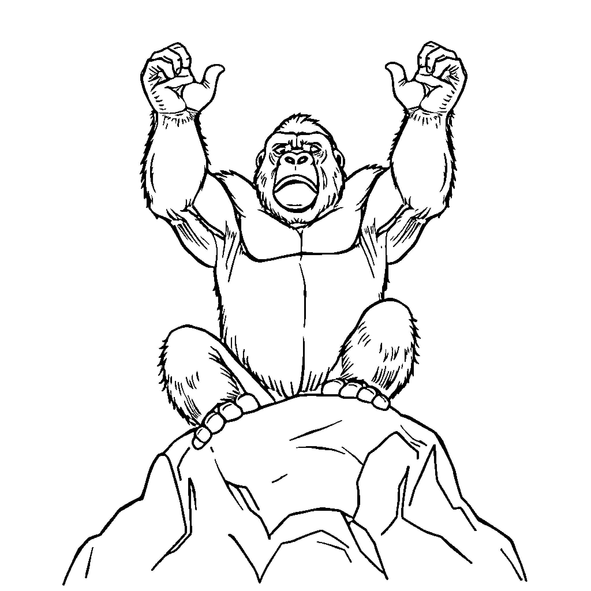 Gorilla roaring with arms raised triumphantly Coloring Page (free black-and-white line drawing printable PDF for all, from beginners to advanced learners, including children, teens, adults, and seniors)