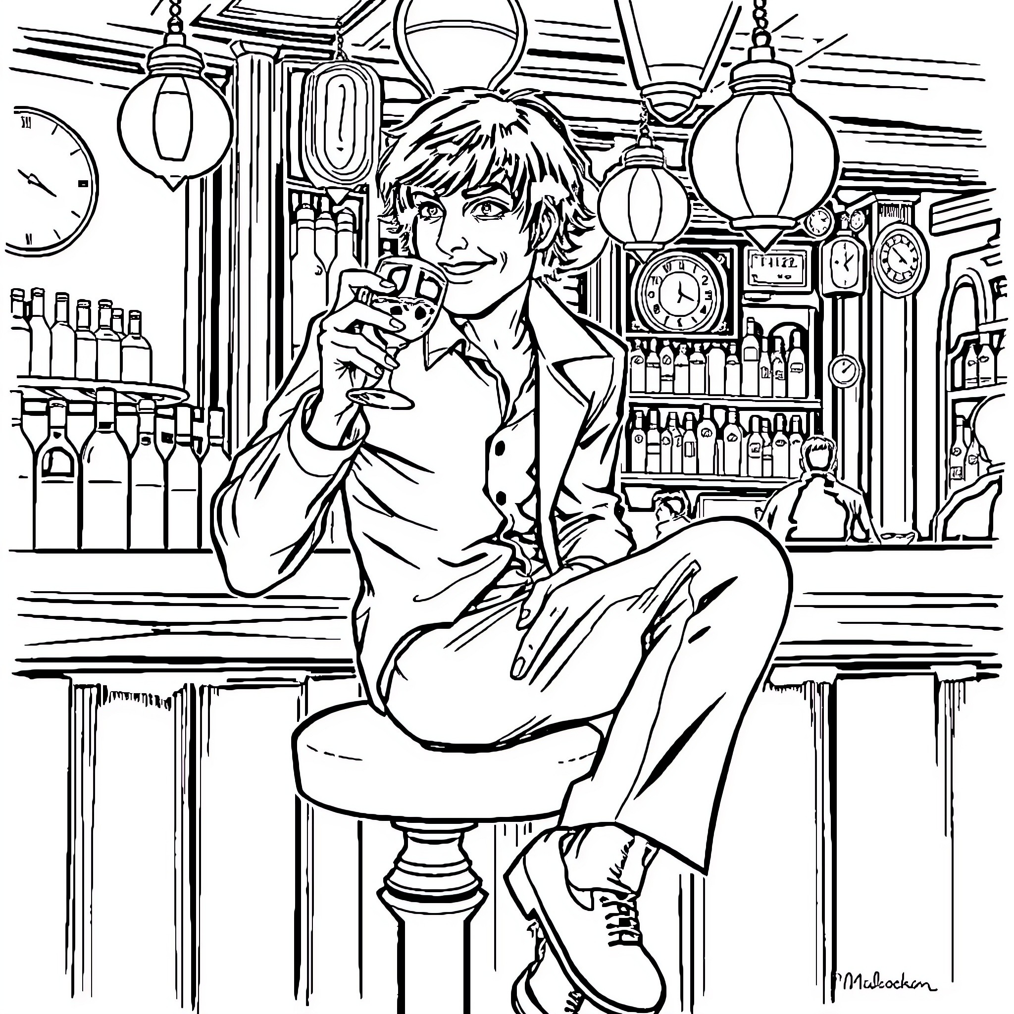Alex enjoying a drink at the bar Coloring Page (free black-and-white line drawing printable PDF for all, from beginners to advanced learners, including children, teens, adults, and seniors)