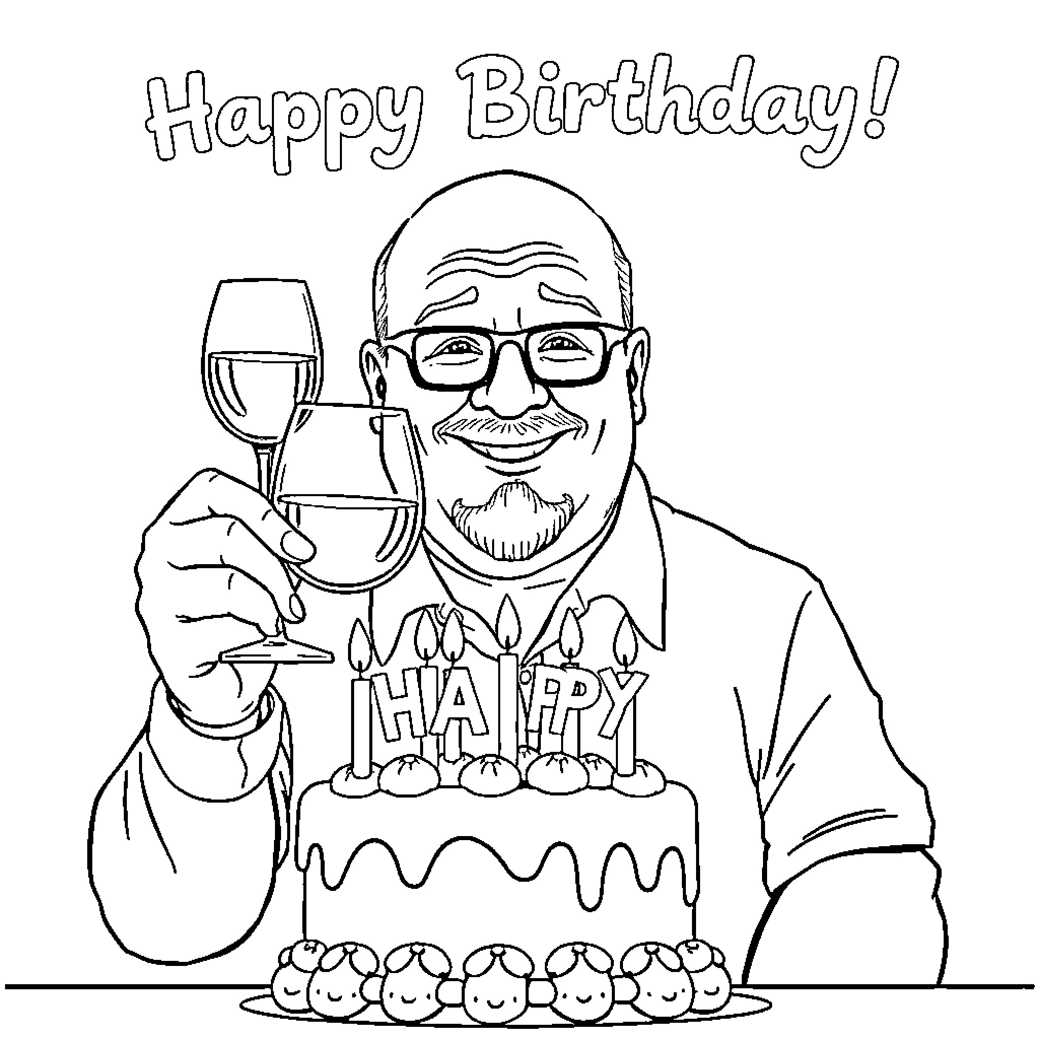 Man celebrating his birthday with cake and wine Coloring Page (free black-and-white line drawing printable PDF for all, from beginners to advanced learners, including children, teens, adults, and seniors)