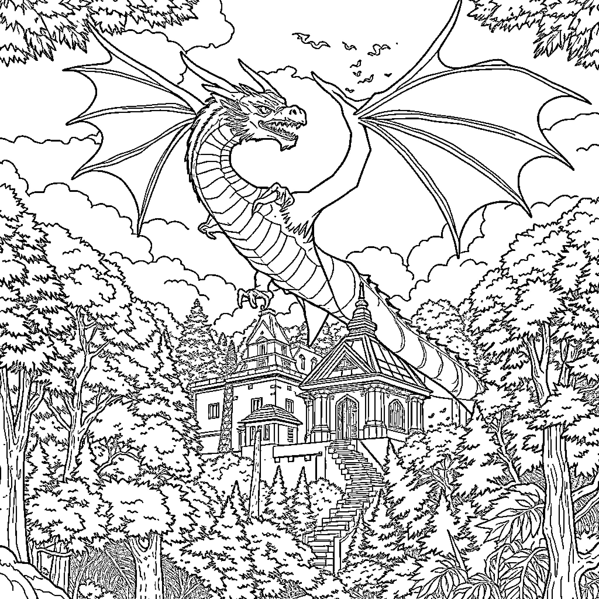 Dragon soaring over a fantastical castle in the forest Coloring Page (free black-and-white line drawing printable PDF for all, from beginners to advanced learners, including children, teens, adults, and seniors)
