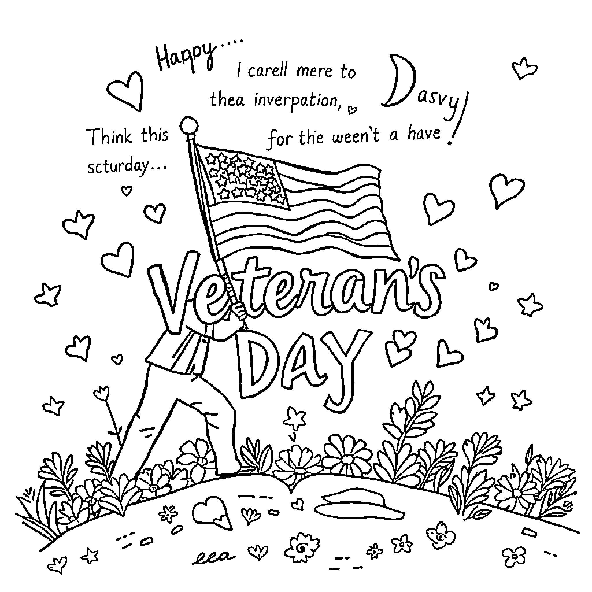 Veterans Day celebration with flag, hearts, and flowers Coloring Page (free black-and-white line drawing printable PDF for all, from beginners to advanced learners, including children, teens, adults, and seniors)