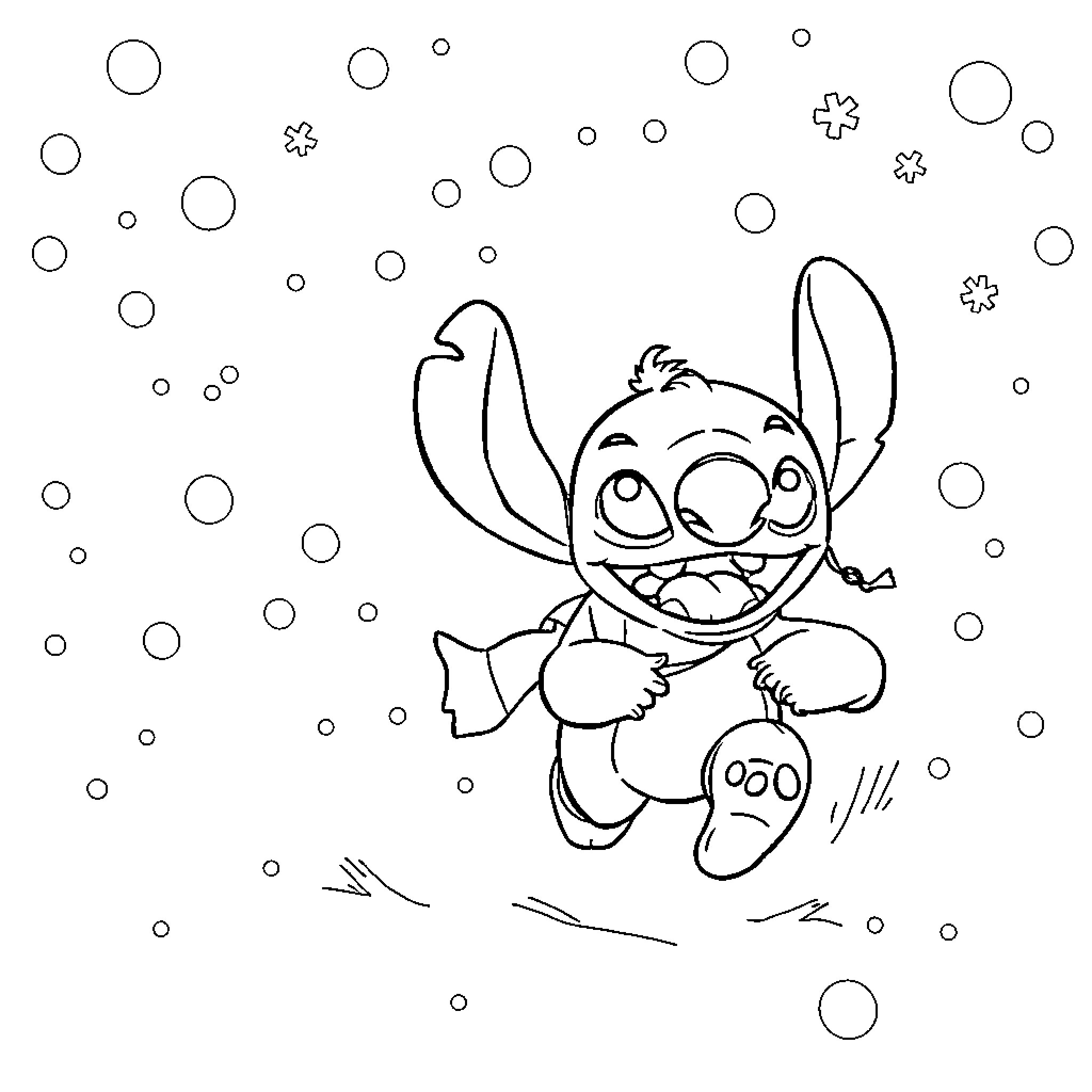 Lilo playing cheerfully in the snow Coloring Page (free black-and-white line drawing printable PDF for all, from beginners to advanced learners, including children, teens, adults, and seniors)
