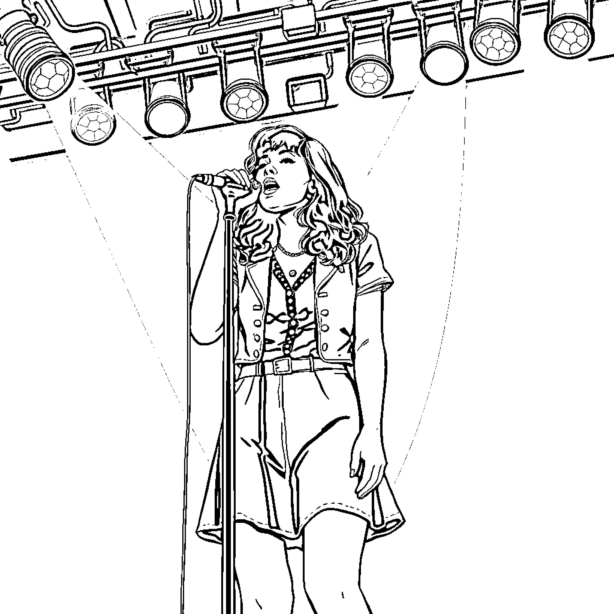 Lana Del Rey performing on stage Coloring Page (free black-and-white line drawing printable PDF for all, from beginners to advanced learners, including children, teens, adults, and seniors)
