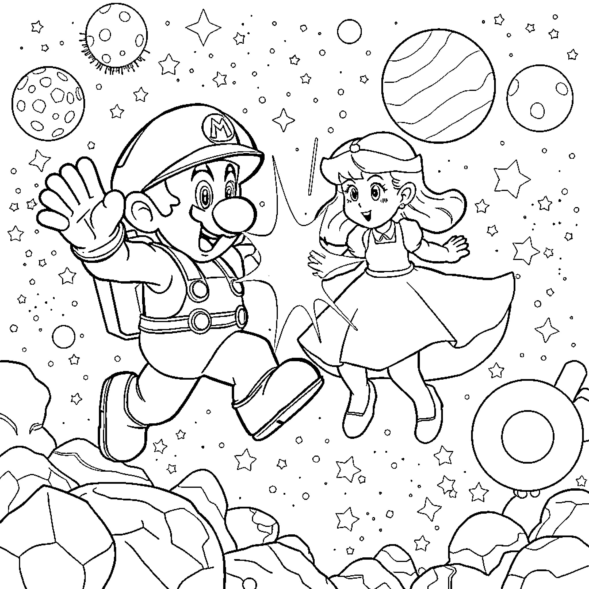 Mario and Princess Exploring the Cosmic Realm Coloring Page (free black-and-white line drawing printable PDF for all, from beginners to advanced learners, including children, teens, adults, and seniors)