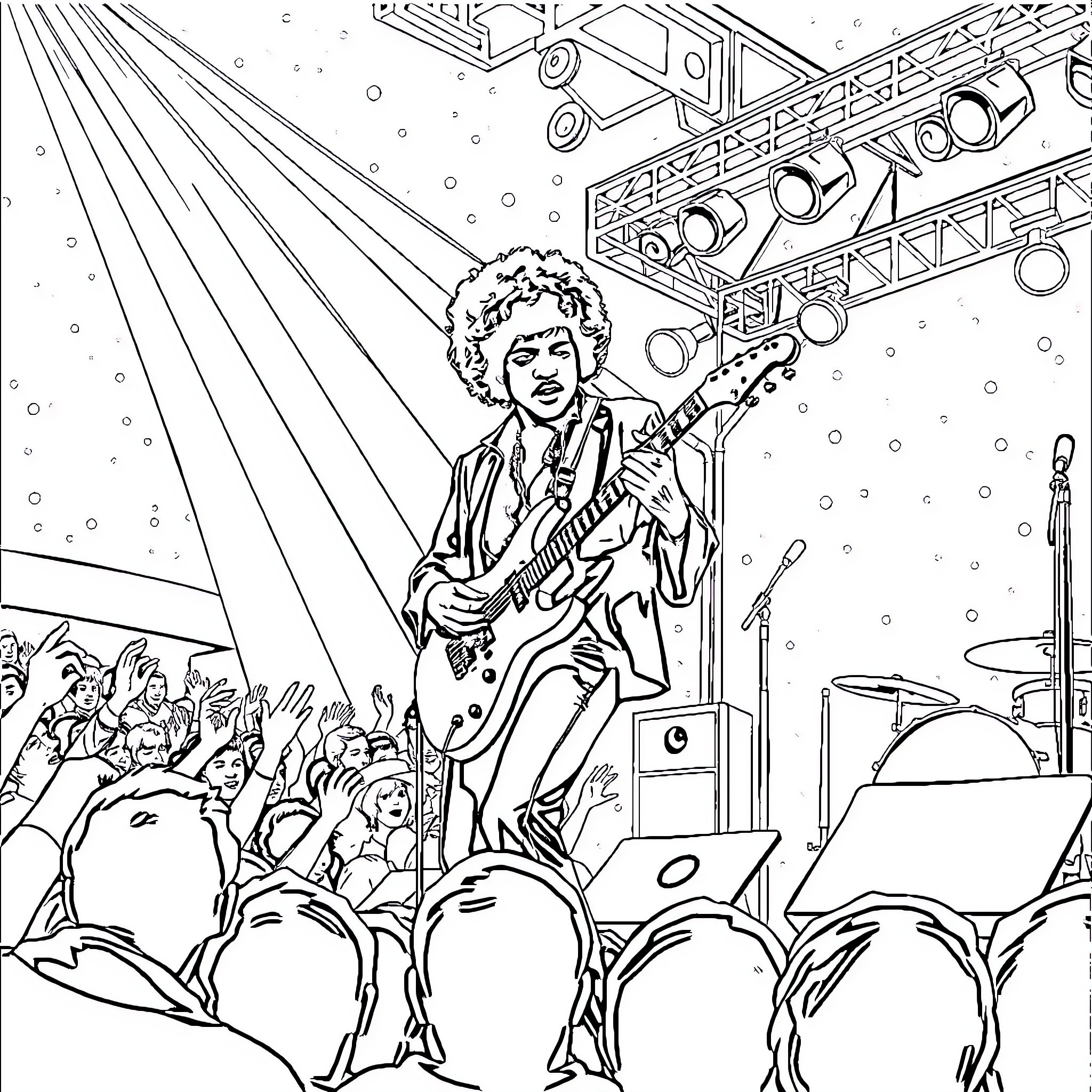 Jimi Hendrix performing on stage for energetic crowd Coloring Page (free black-and-white line drawing printable PDF for all, from beginners to advanced learners, including children, teens, adults, and seniors)