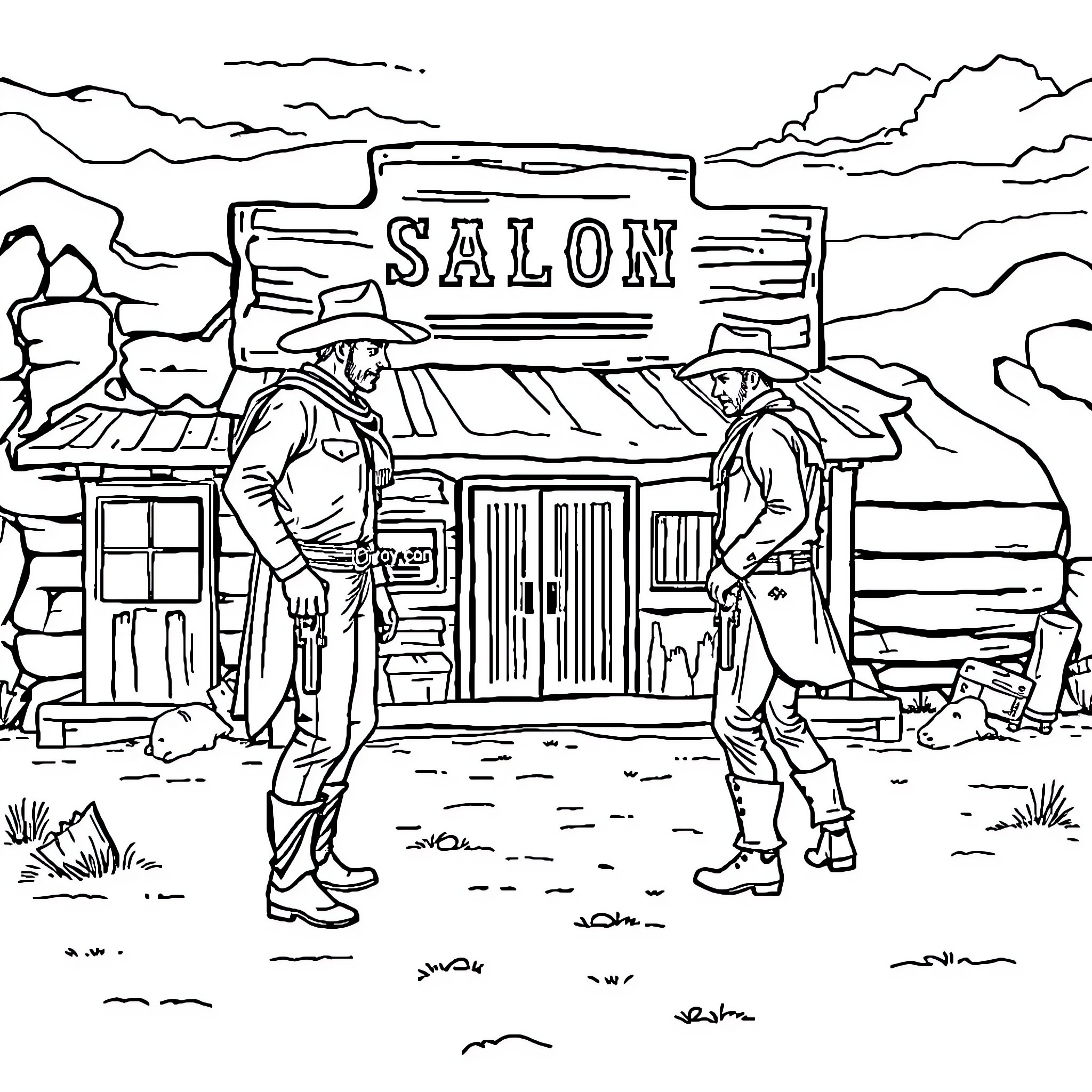 Cowboy scene with figures outside a saloon Coloring Page (free black-and-white line drawing printable PDF for all, from beginners to advanced learners, including children, teens, adults, and seniors)
