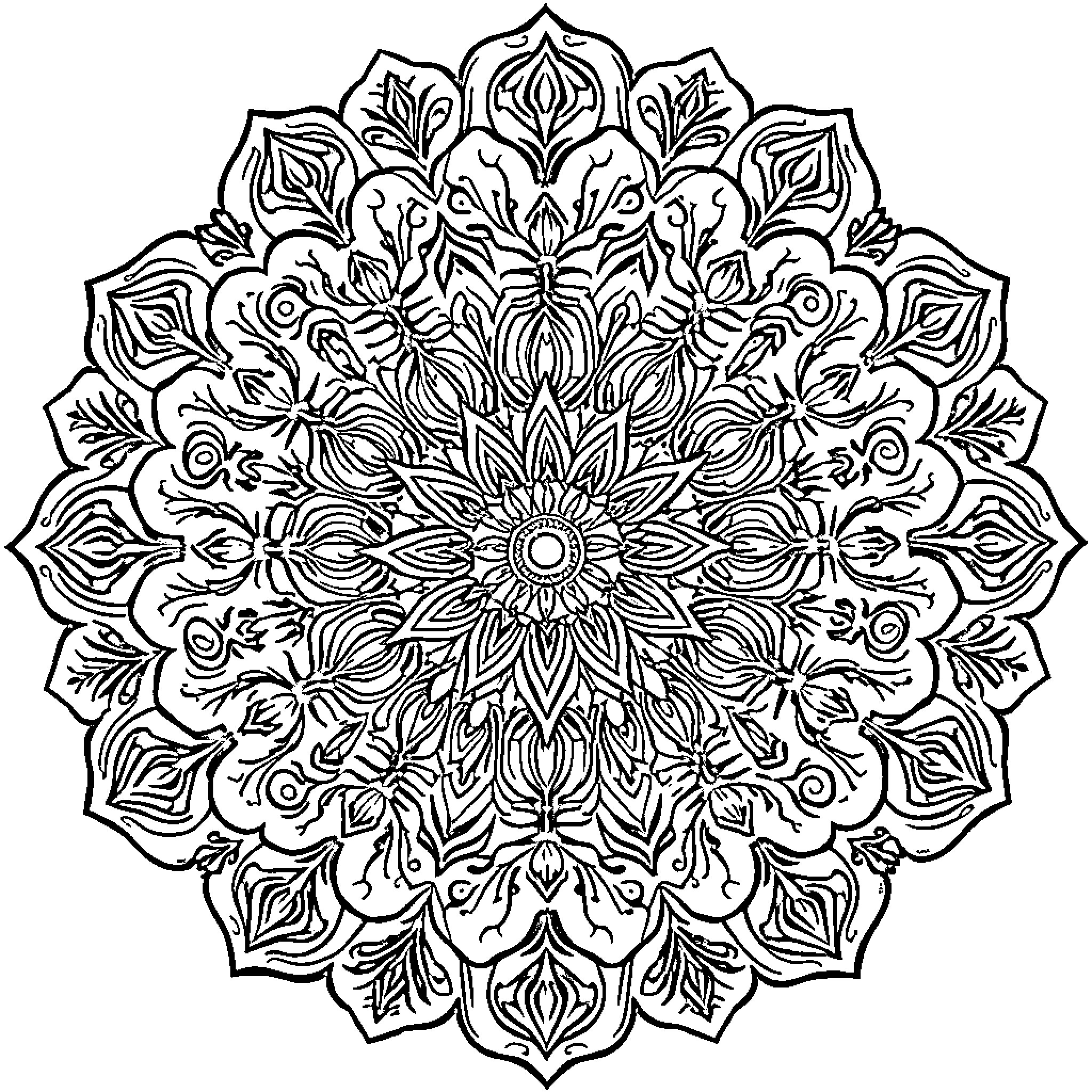 Mandala of intricate floral patterns and shapes Coloring Page (free black-and-white line drawing printable PDF for all, from beginners to advanced learners, including children, teens, adults, and seniors)