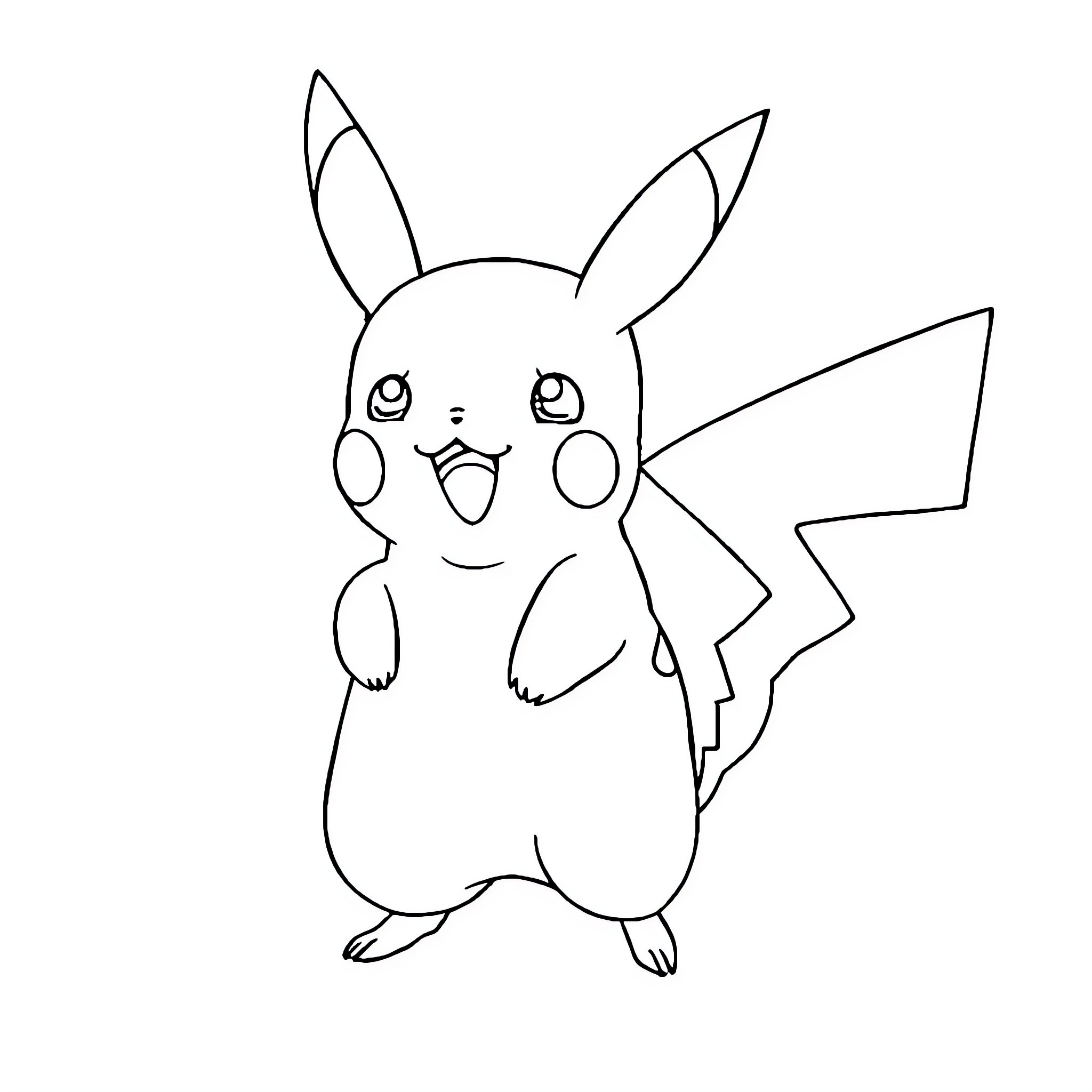 Pikachu cheerfully posing in a simple outline Coloring Page (free black-and-white line drawing printable PDF for all, from beginners to advanced learners, including children, teens, adults, and seniors)