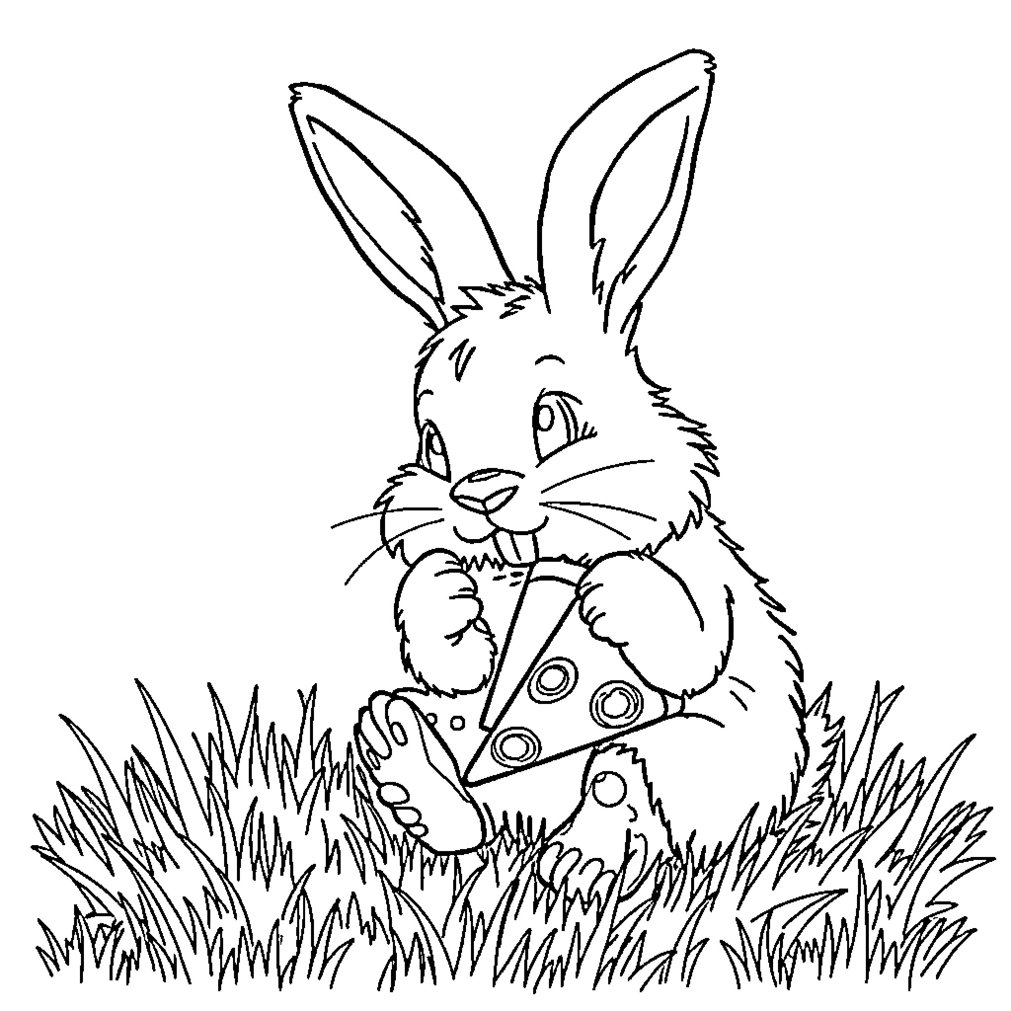 Rabbit nibbling on a colorful button in the grass Coloring Page (free black-and-white line drawing printable PDF for all, from beginners to advanced learners, including children, teens, adults, and seniors)