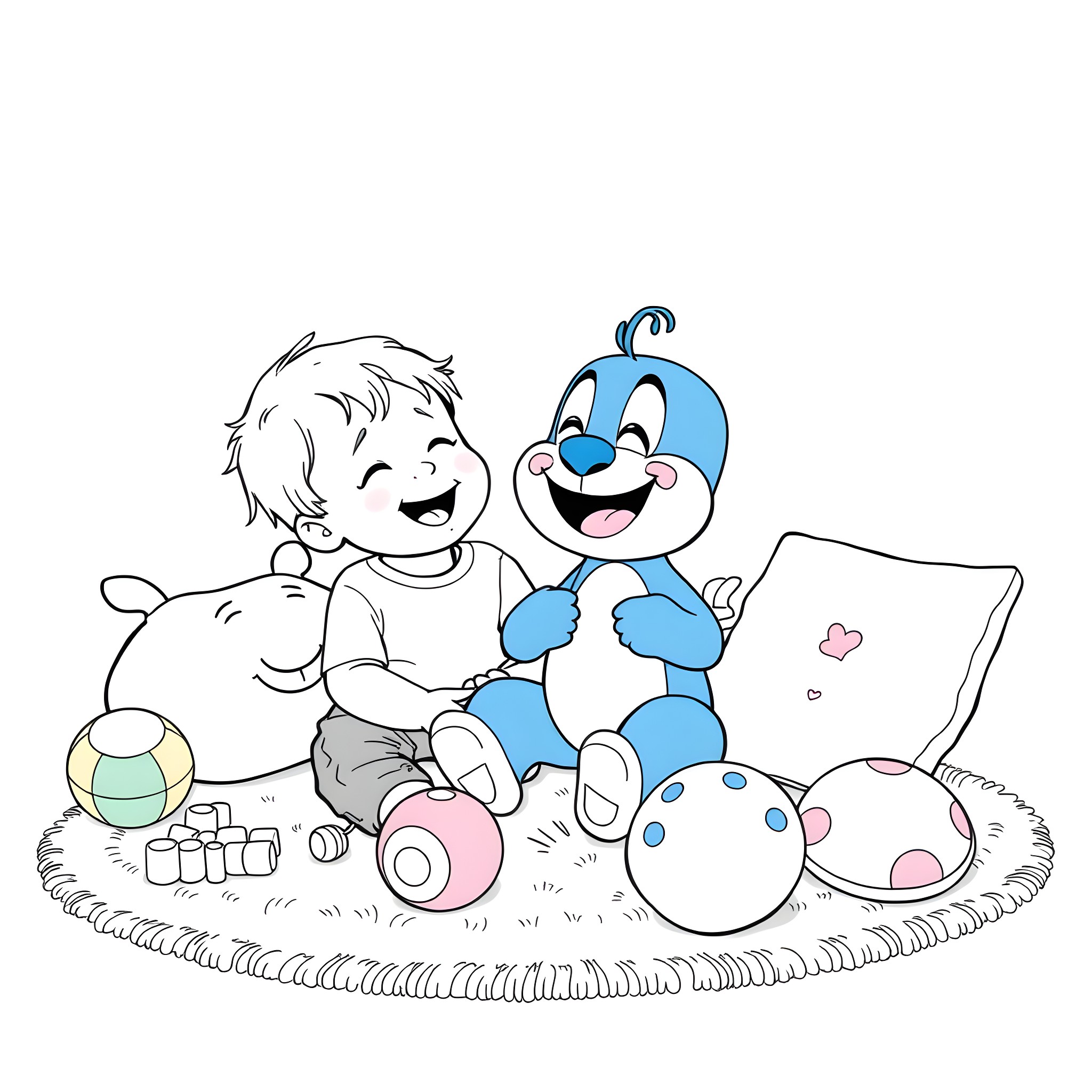 Toddlers playing happily with toys on the floor Coloring Page (free black-and-white line drawing printable PDF for all, from beginners to advanced learners, including children, teens, adults, and seniors)