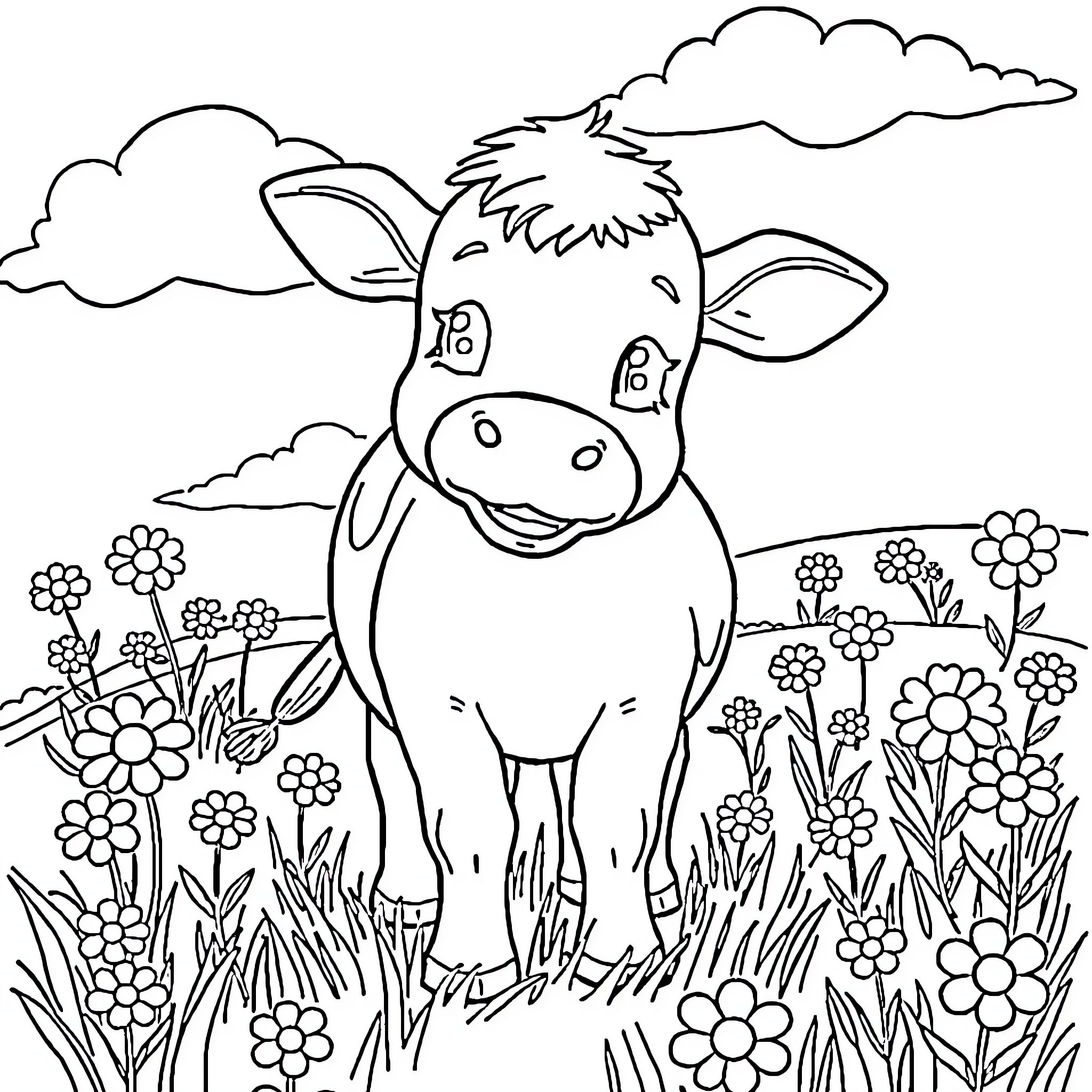 Cow enjoying a field of flowers Coloring Page (free black-and-white line drawing printable PDF for all, from beginners to advanced learners, including children, teens, adults, and seniors)