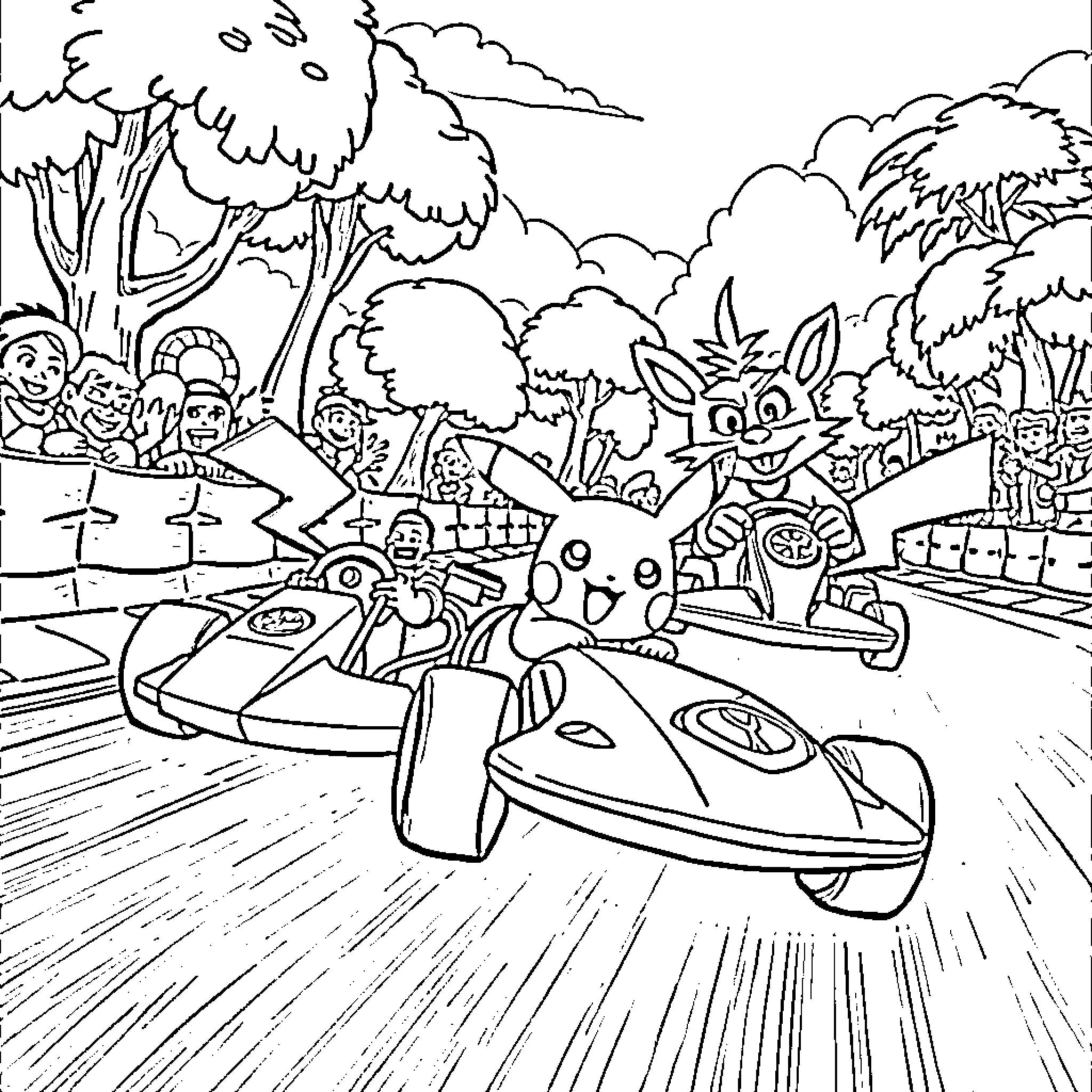 Pikachu racing in a fantasy amusement park Coloring Page (free black-and-white line drawing printable PDF for all, from beginners to advanced learners, including children, teens, adults, and seniors)