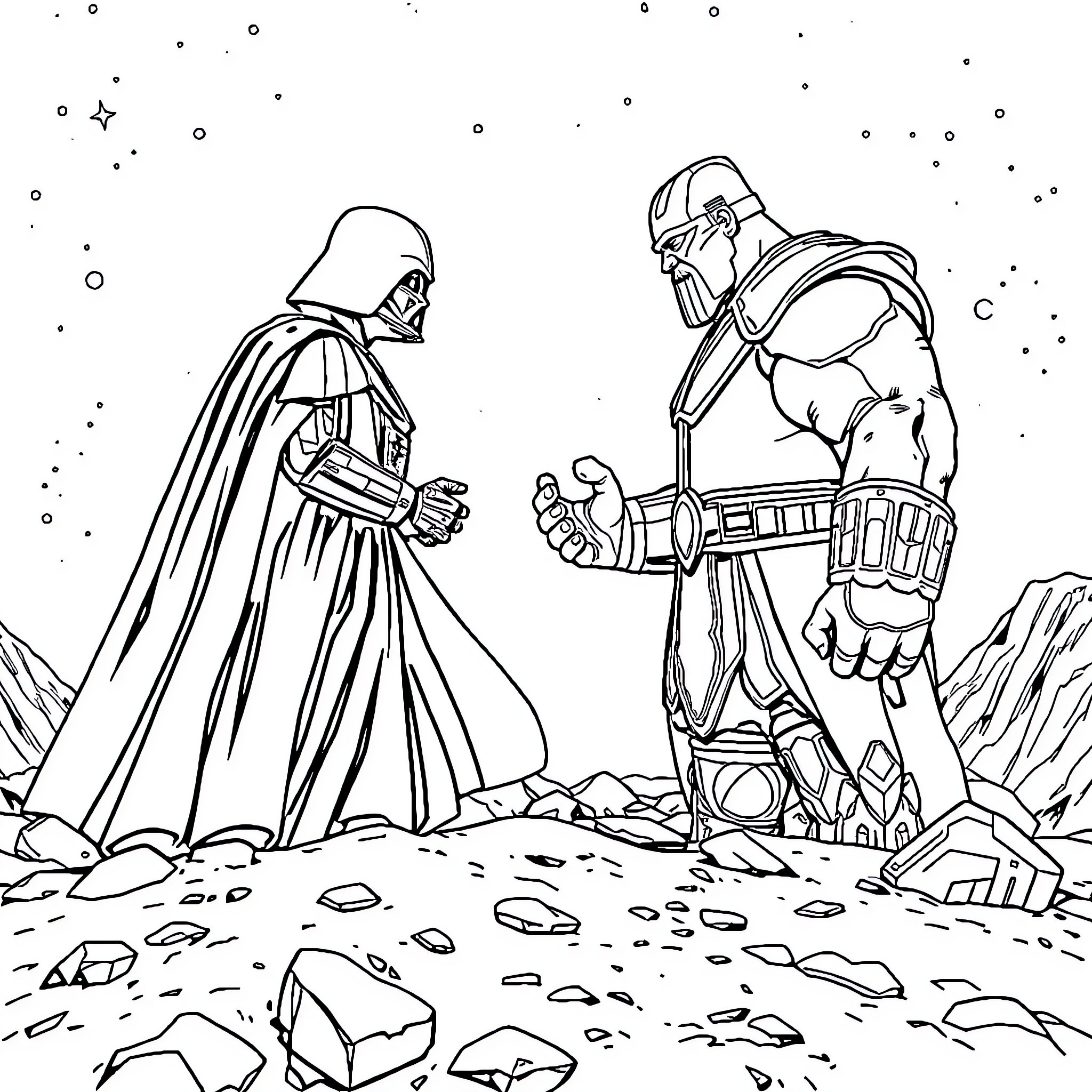 Darth Vader and Clone Trooper stand-off on barren planet Coloring Page (free black-and-white line drawing printable PDF for all, from beginners to advanced learners, including children, teens, adults, and seniors)