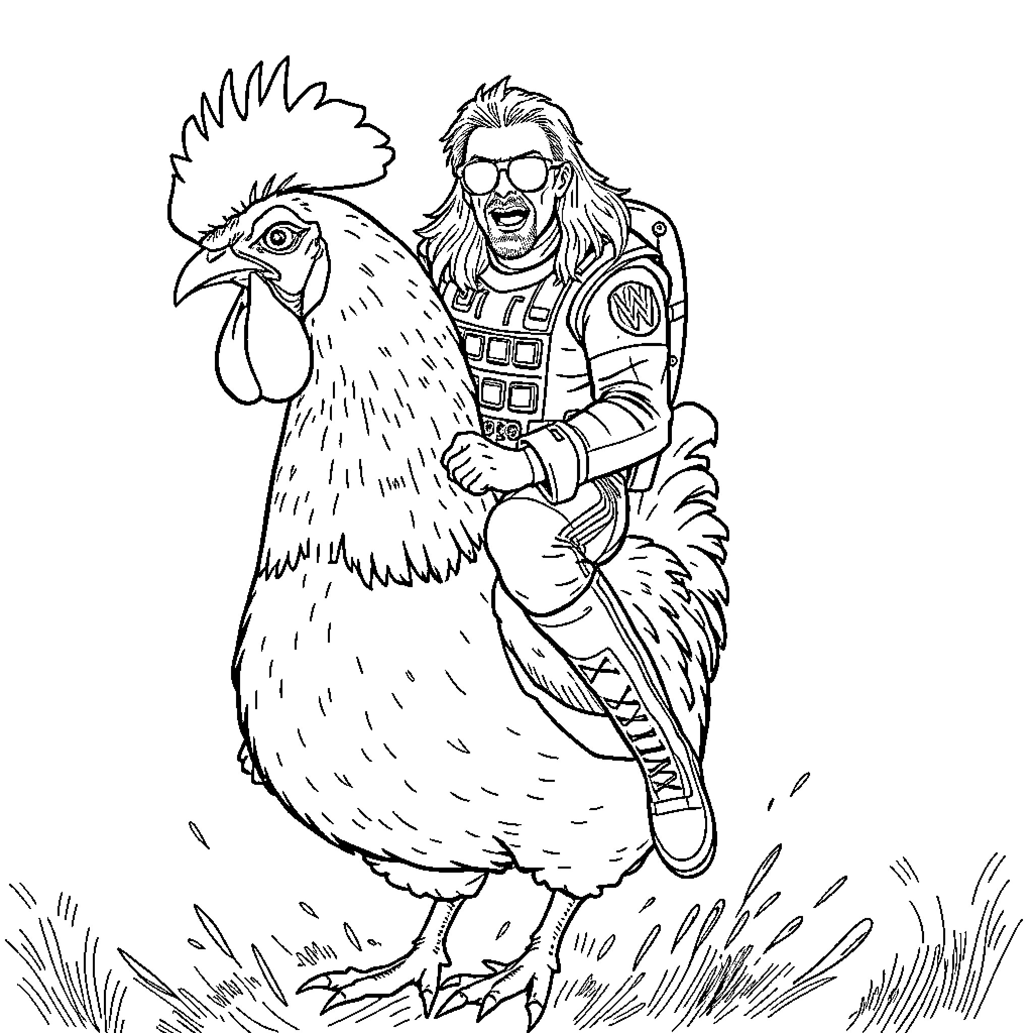 Ace Frehley riding a large rooster in the field Coloring Page (free black-and-white line drawing printable PDF for all, from beginners to advanced learners, including children, teens, adults, and seniors)