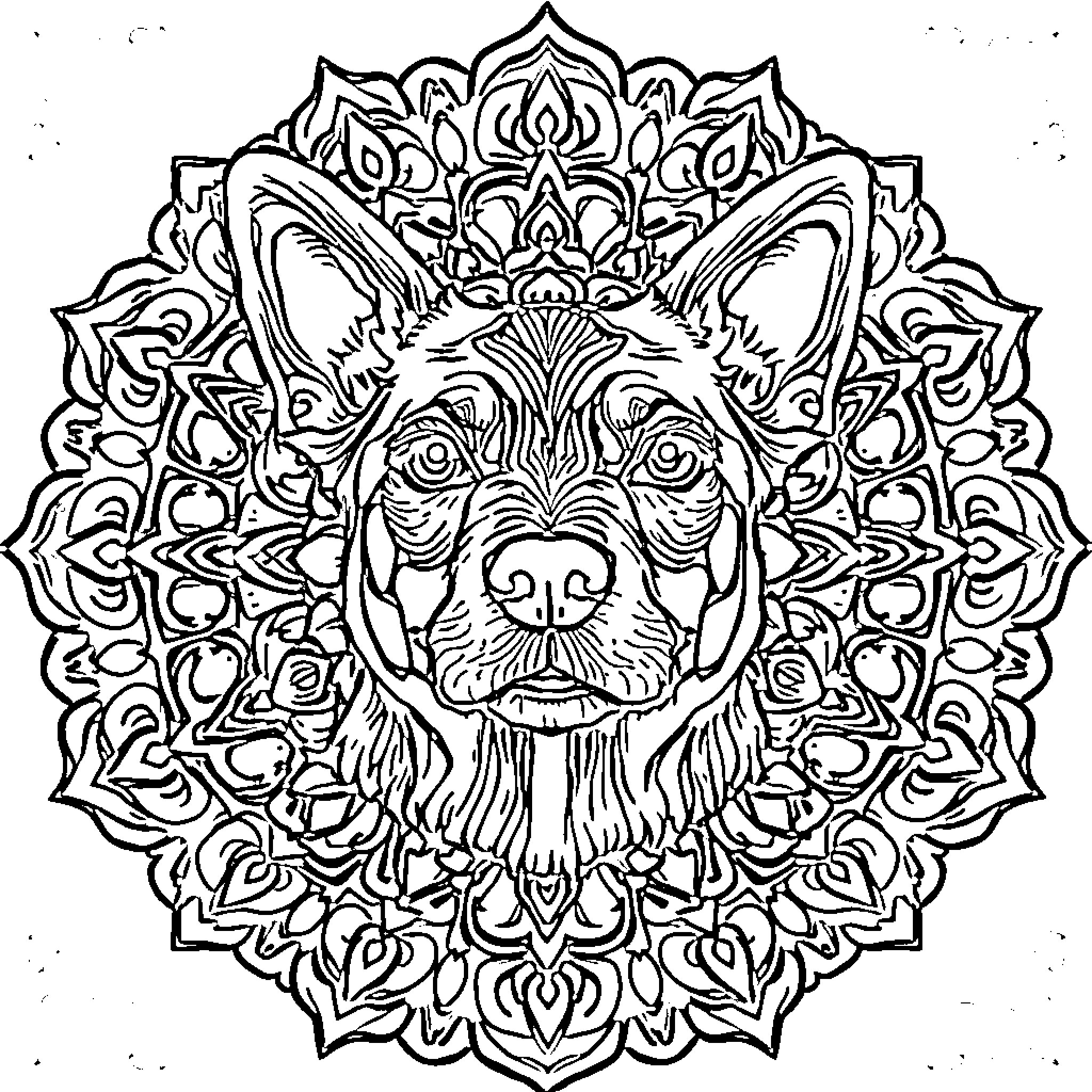 Dog in ornate floral mandala Coloring Page (free black-and-white line drawing printable PDF for all, from beginners to advanced learners, including children, teens, adults, and seniors)