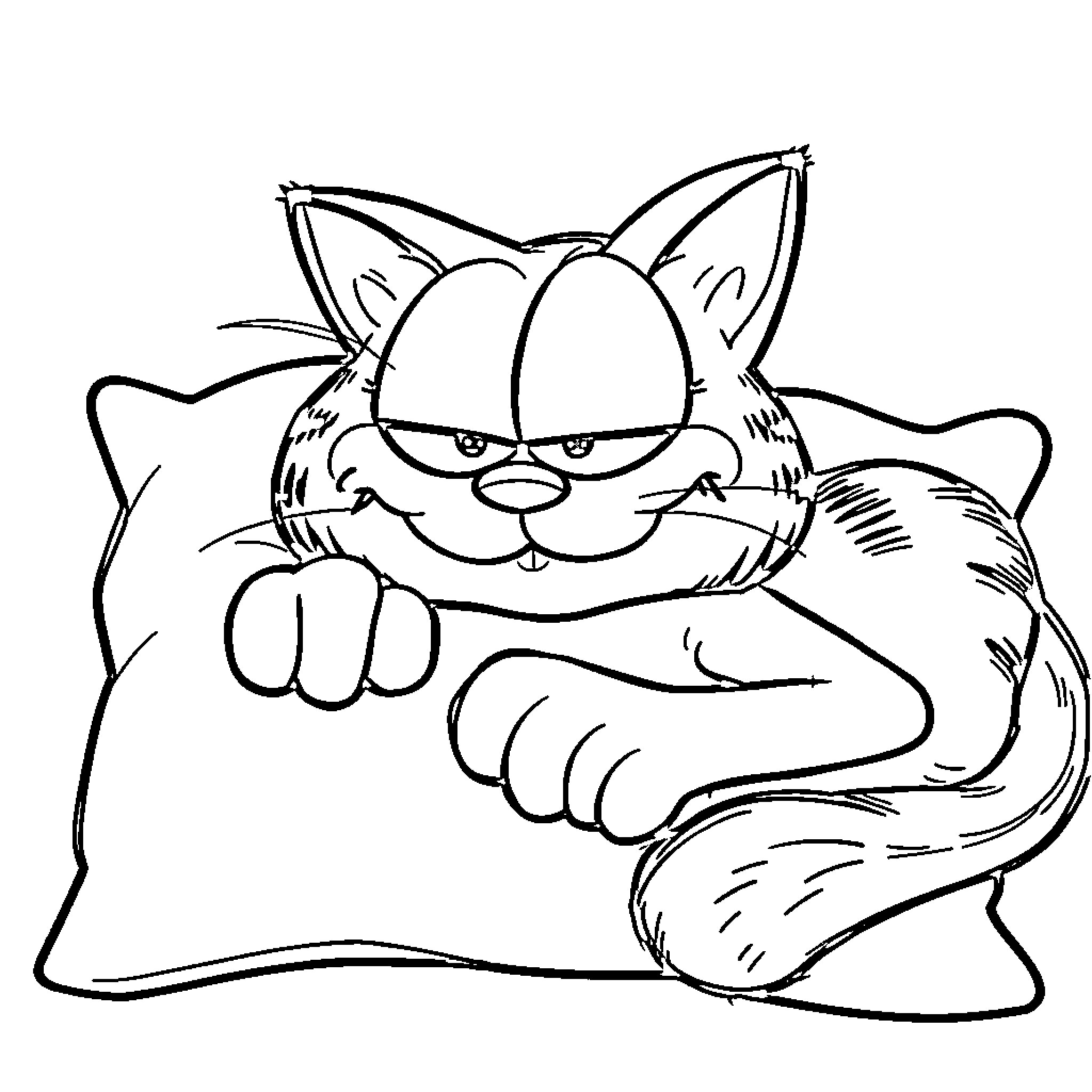Garfield resting on a pillow with an annoyed expression Coloring Page (free black-and-white line drawing printable PDF for all, from beginners to advanced learners, including children, teens, adults, and seniors)