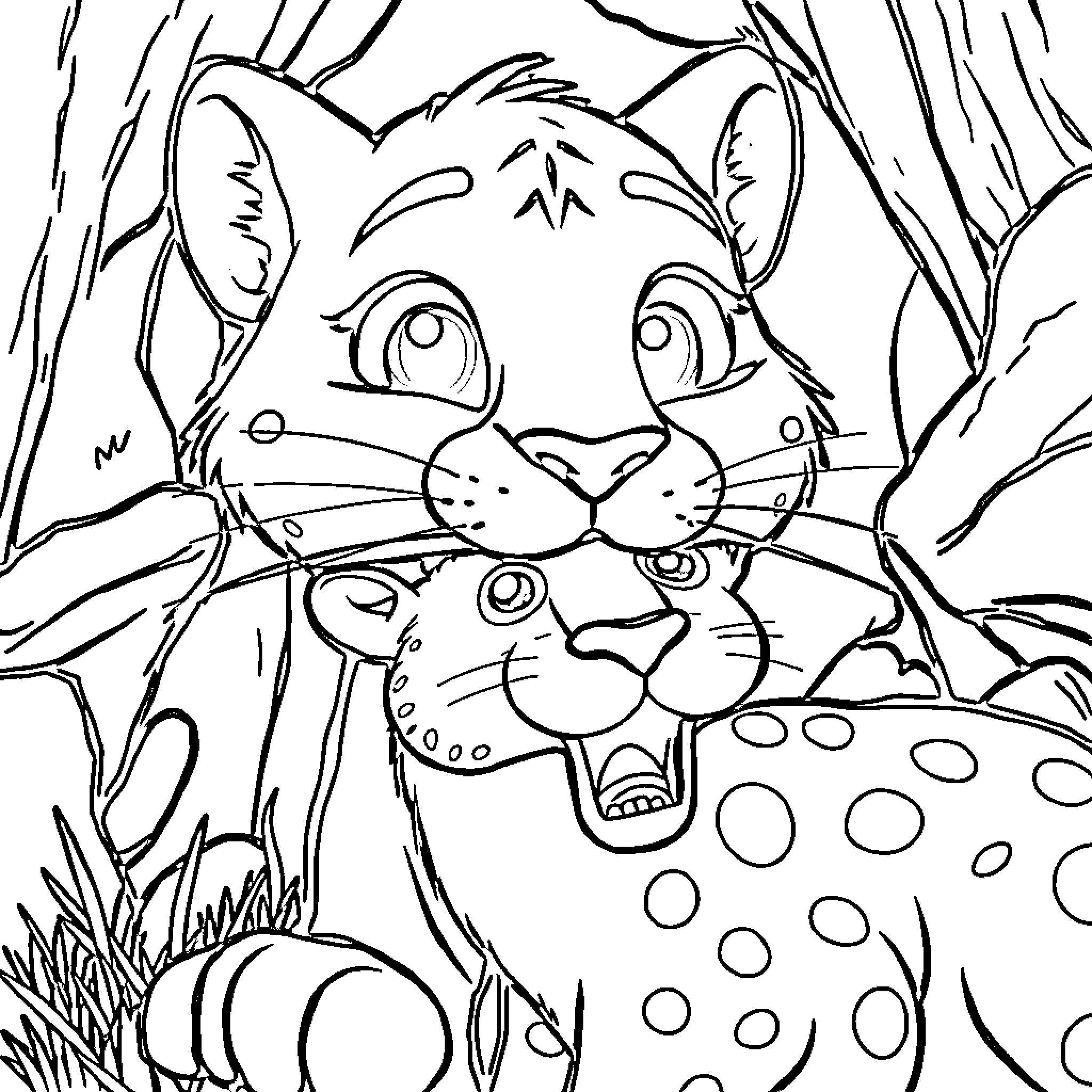 Mountain Lion peeking out from the forest Coloring Page (free black-and-white line drawing printable PDF for all, from beginners to advanced learners, including children, teens, adults, and seniors)