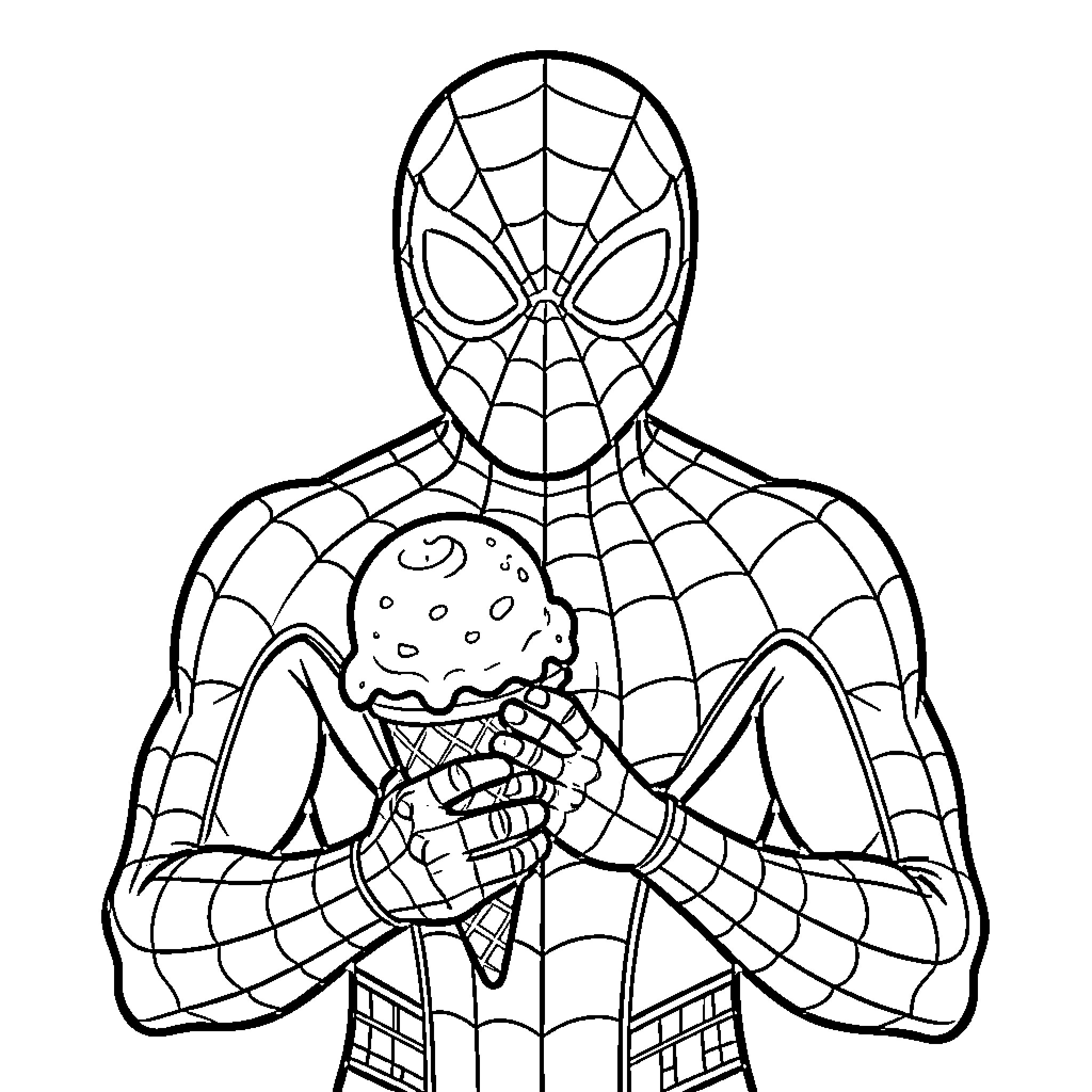 Spiderman holding a large ice cream cone Coloring Page (free black-and-white line drawing printable PDF for all, from beginners to advanced learners, including children, teens, adults, and seniors)