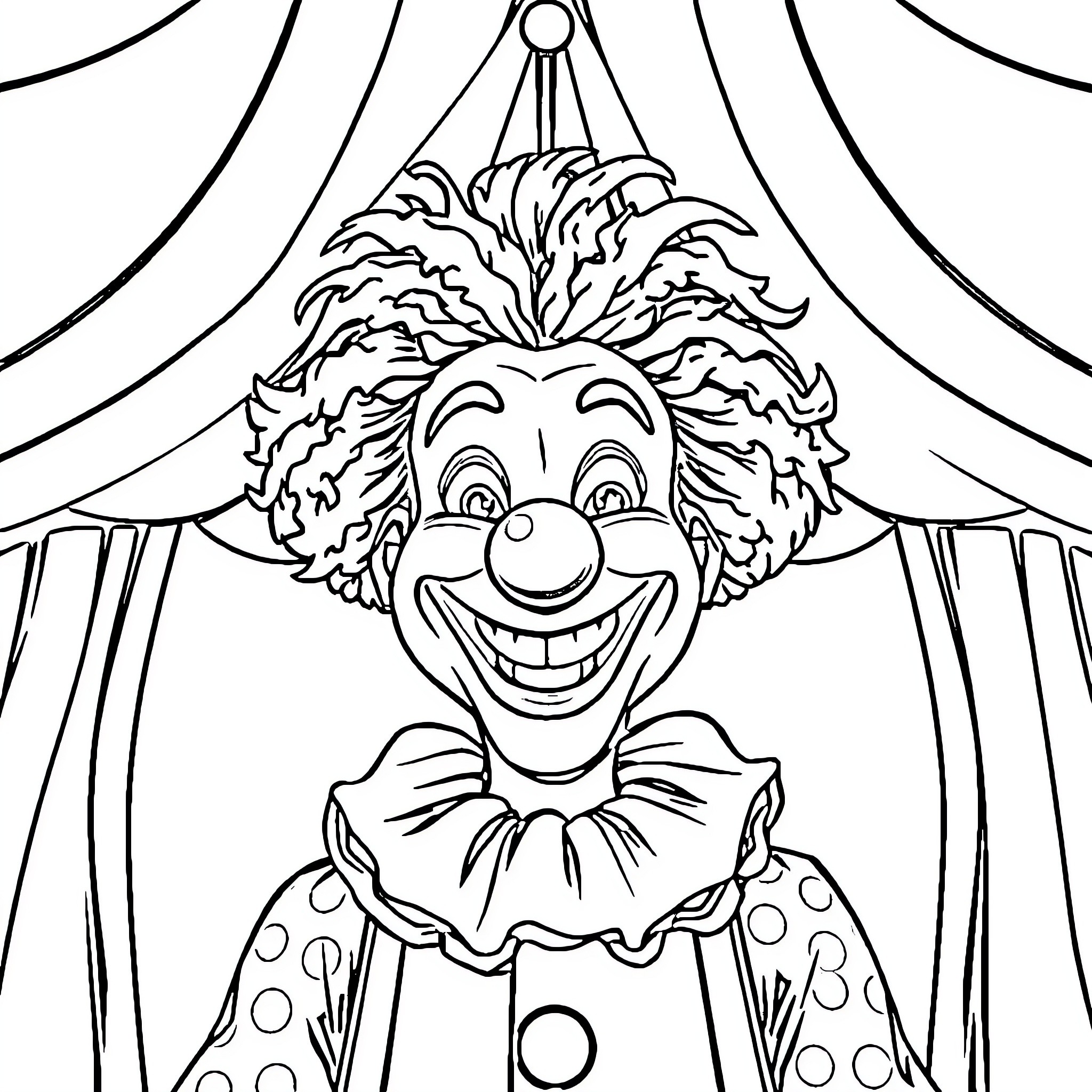 Clown with exaggerated facial features in circus tent Coloring Page (free black-and-white line drawing printable PDF for all, from beginners to advanced learners, including children, teens, adults, and seniors)