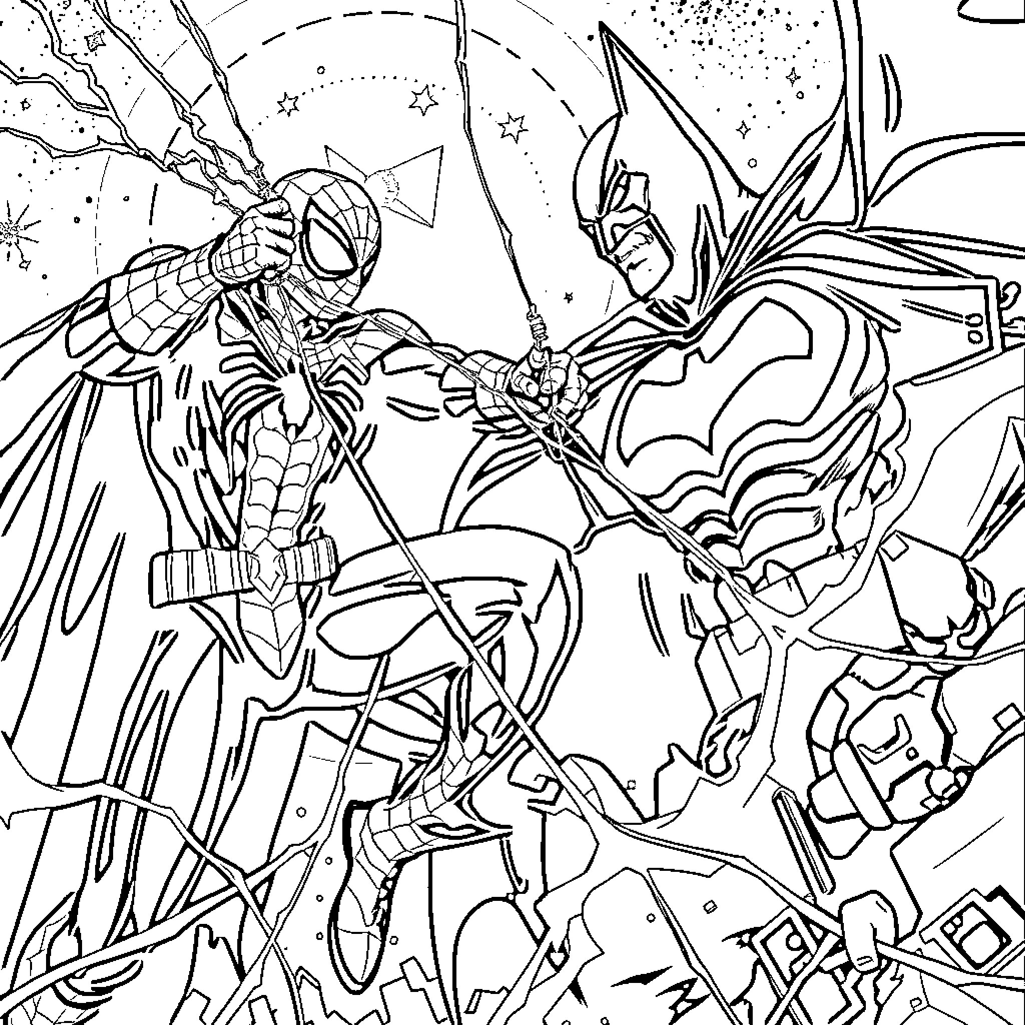 Spider-Man fighting Batman in an epic battle Coloring Page (free black-and-white line drawing printable PDF for all, from beginners to advanced learners, including children, teens, adults, and seniors)