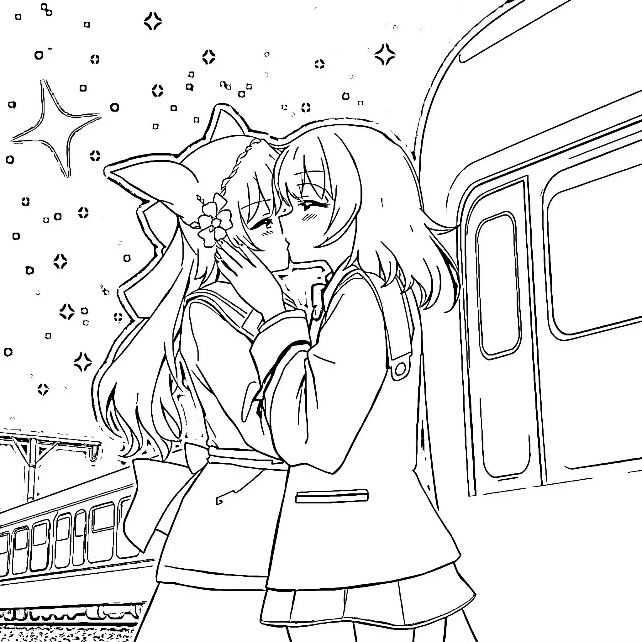 Kafka's Lonely Schoolgirl Embraces Whimsical Dreams Coloring Page (free black-and-white line drawing printable PDF for all, from beginners to advanced learners, including children, teens, adults, and seniors)