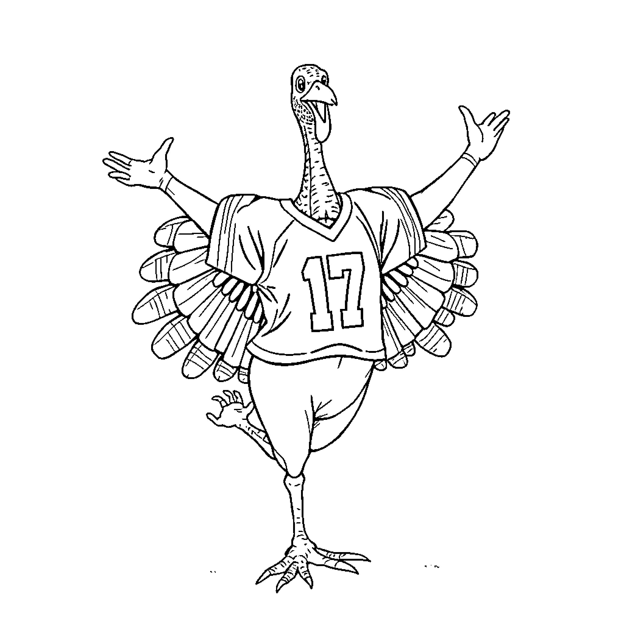 Turkey in Sports Uniform Celebrating Coloring Page (free black-and-white line drawing printable PDF for all, from beginners to advanced learners, including children, teens, adults, and seniors)