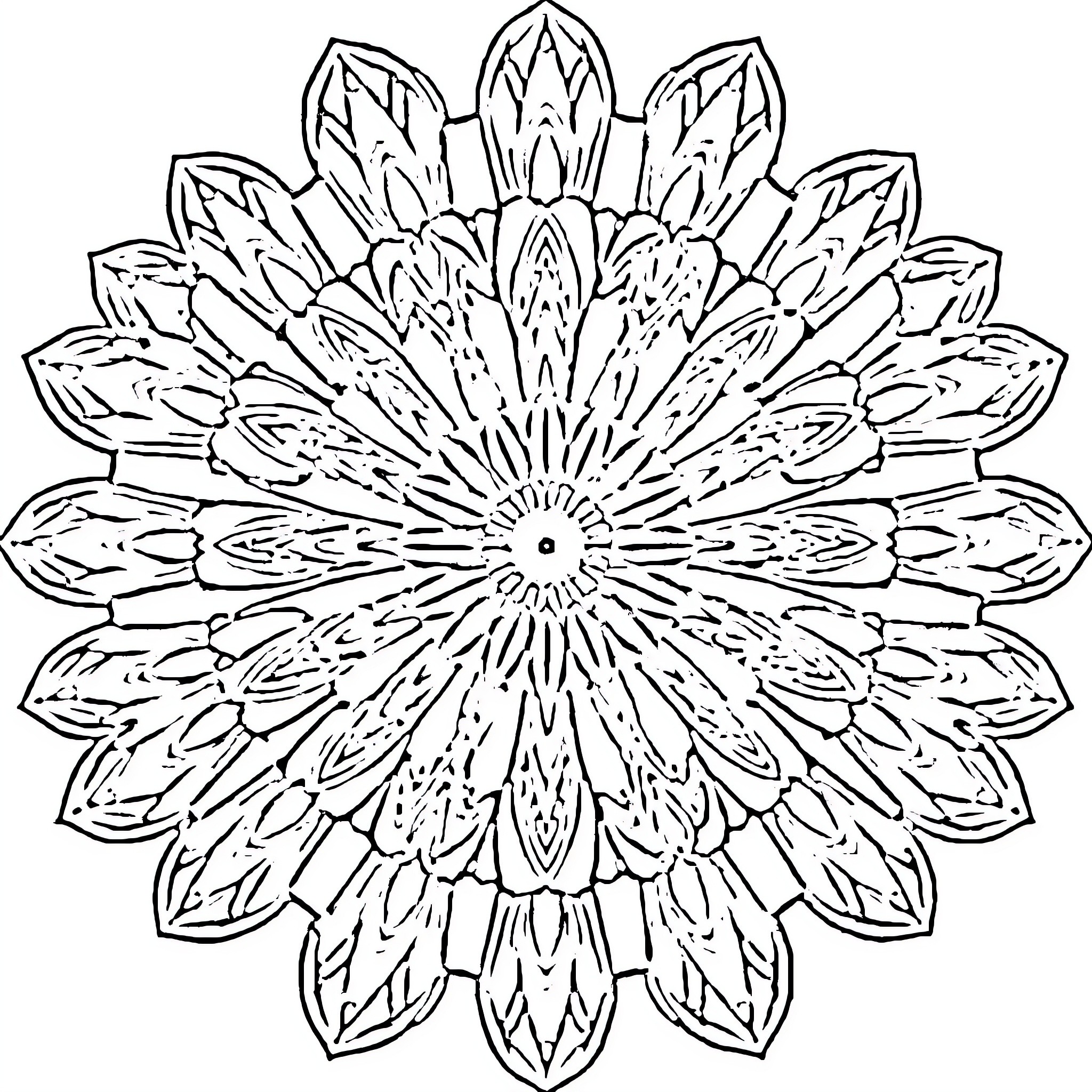 Mandala of intricate symmetrical floral patterns Coloring Page (free black-and-white line drawing printable PDF for all, from beginners to advanced learners, including children, teens, adults, and seniors)