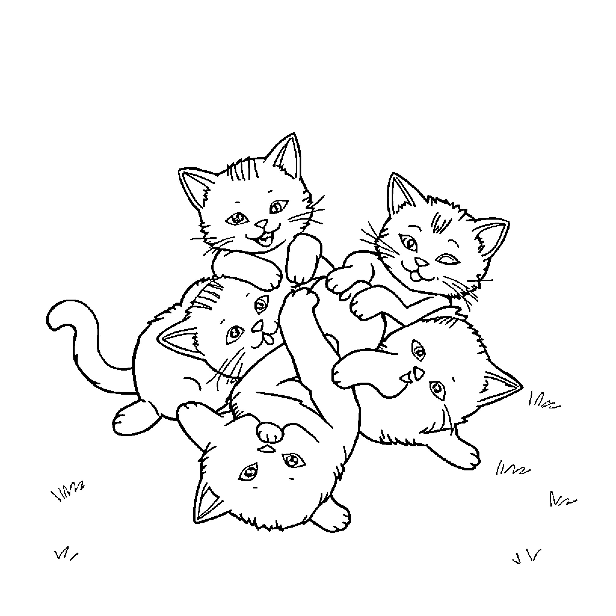 Cat Kittens Playing Together Adorably Coloring Page (free black-and-white line drawing printable PDF for all, from beginners to advanced learners, including children, teens, adults, and seniors)