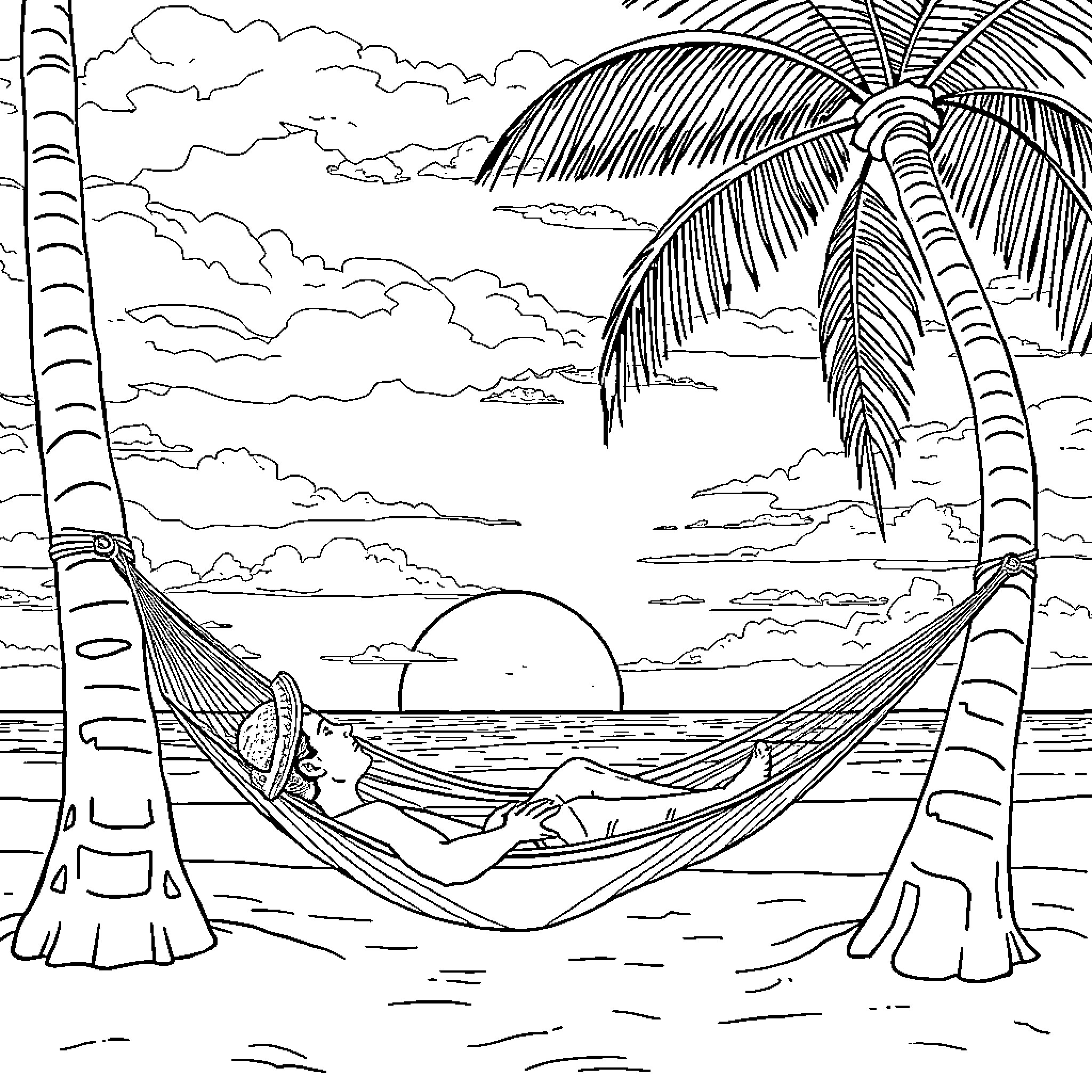 Guy relaxing in hammock on tropical beach Coloring Page (free black-and-white line drawing printable PDF for all, from beginners to advanced learners, including children, teens, adults, and seniors)
