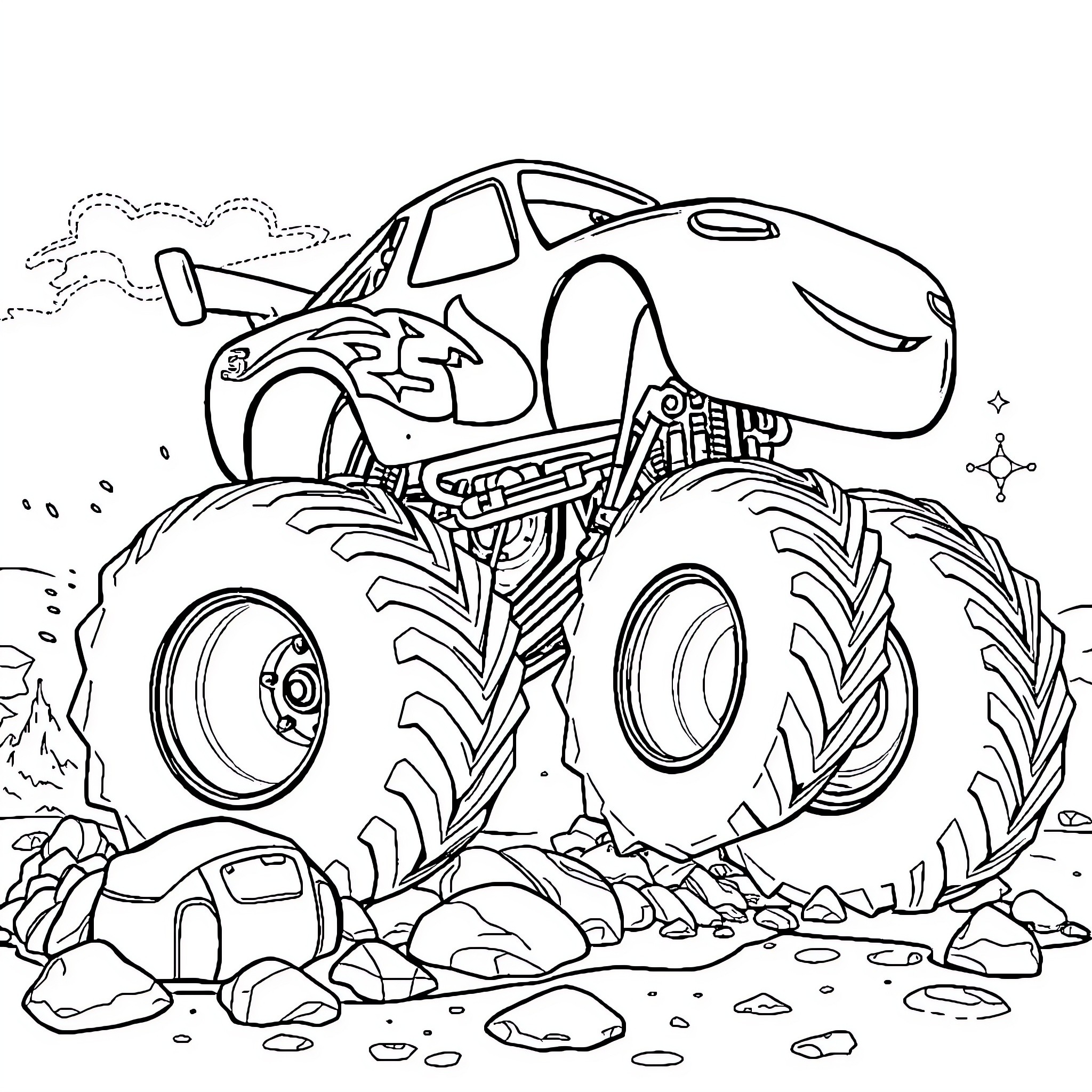Monster Truck Crushing Over Rocks and Obstacles Coloring Page (free black-and-white line drawing printable PDF for all, from beginners to advanced learners, including children, teens, adults, and seniors)