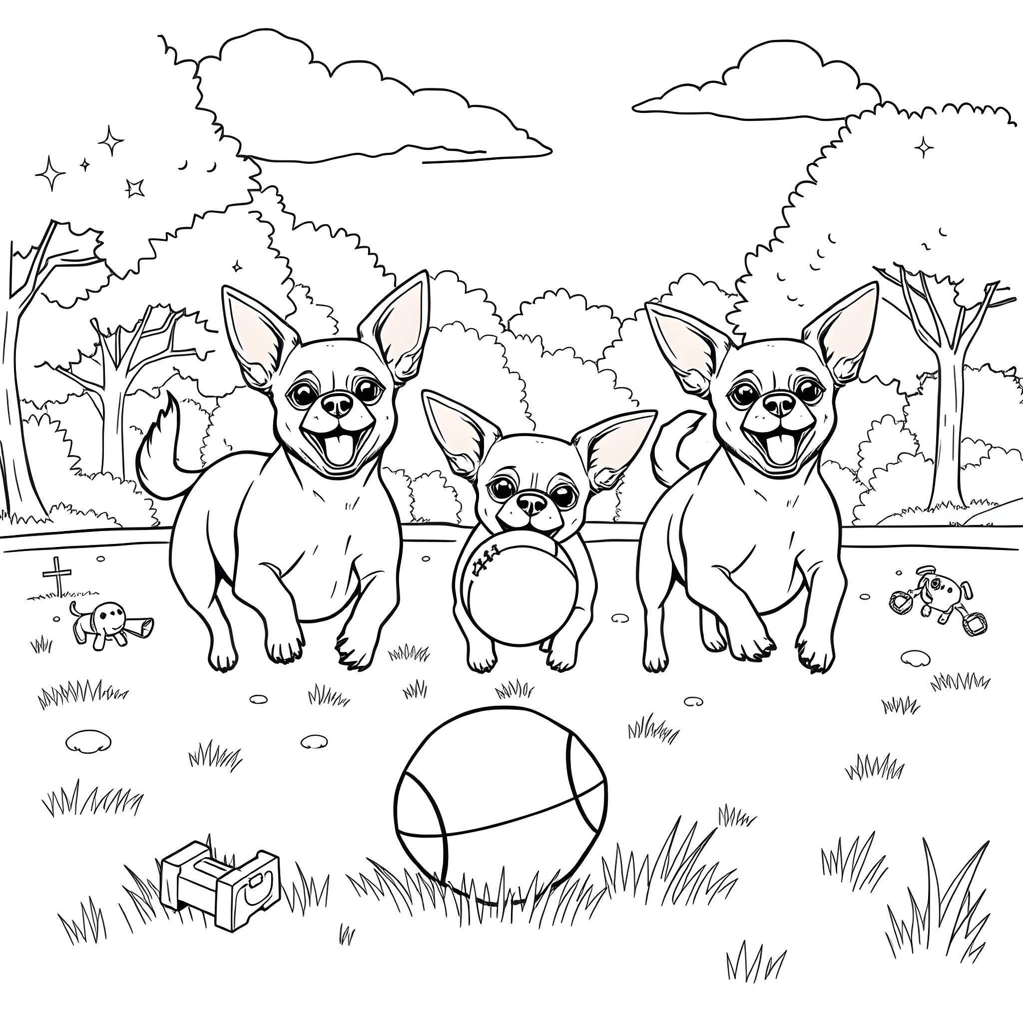 Chihuahuas playing in the park Coloring Page (free black-and-white line drawing printable PDF for all, from beginners to advanced learners, including children, teens, adults, and seniors)