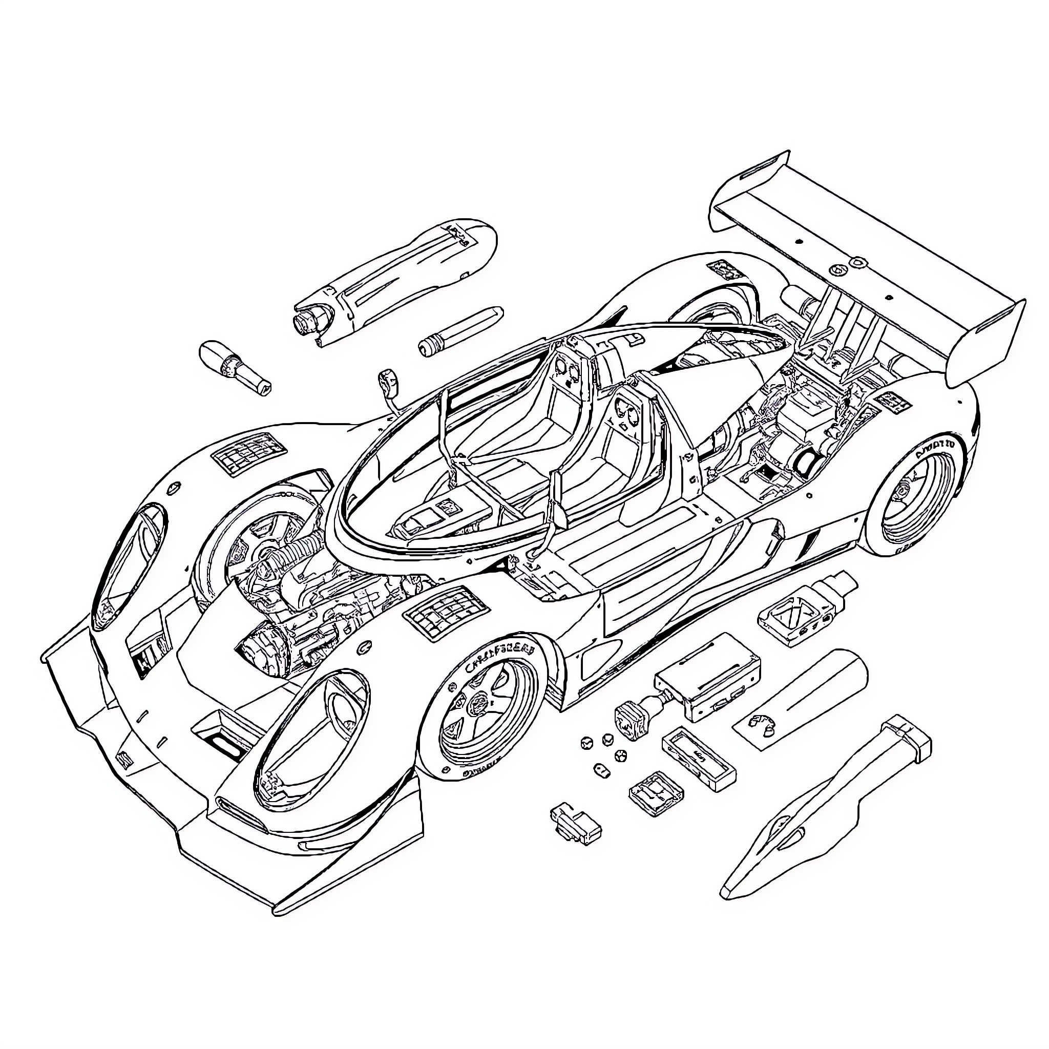 Racecar engineering components and mechanics Coloring Page (free black-and-white line drawing printable PDF for all, from beginners to advanced learners, including children, teens, adults, and seniors)