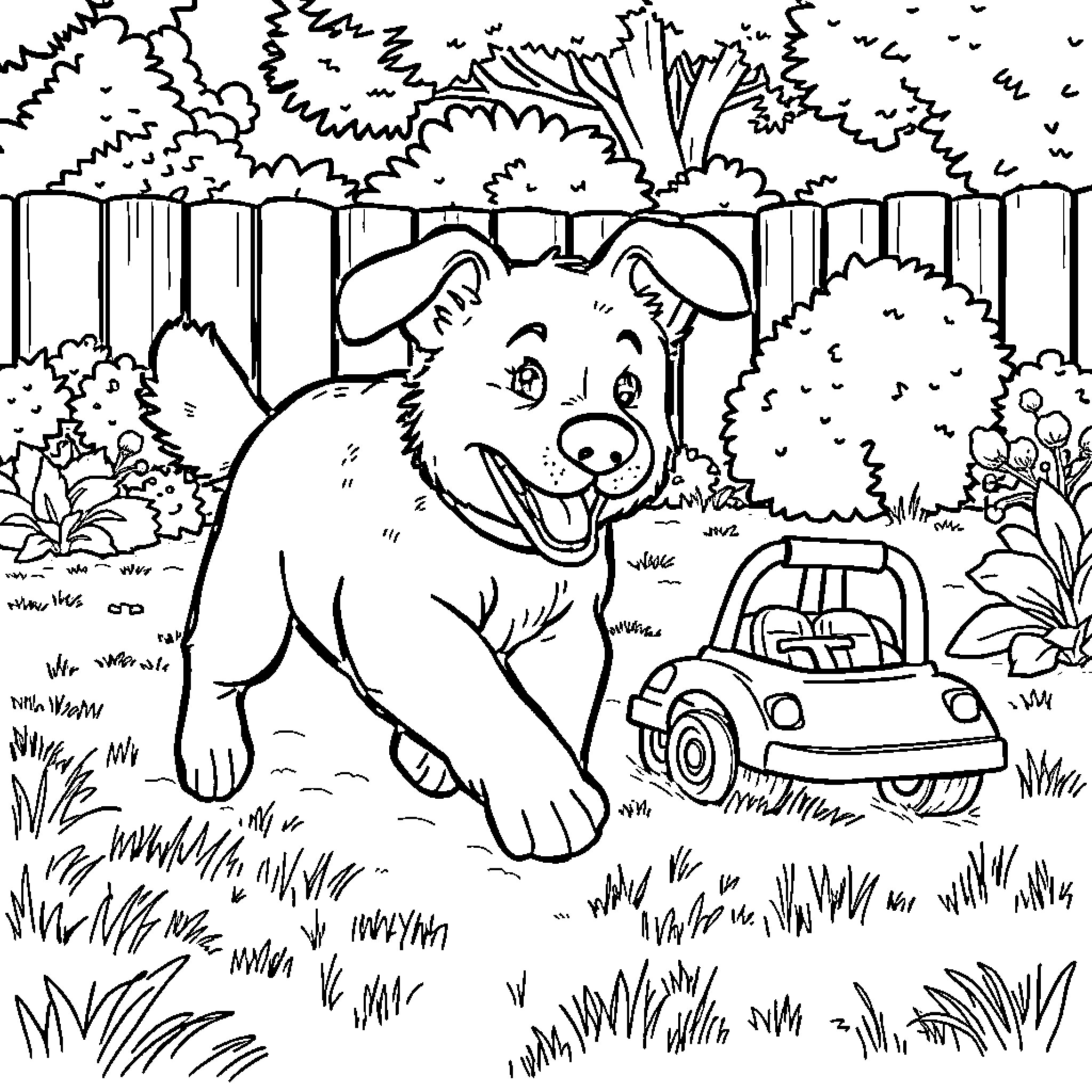 Dog playing with toy car in the garden Coloring Page (free black-and-white line drawing printable PDF for all, from beginners to advanced learners, including children, teens, adults, and seniors)