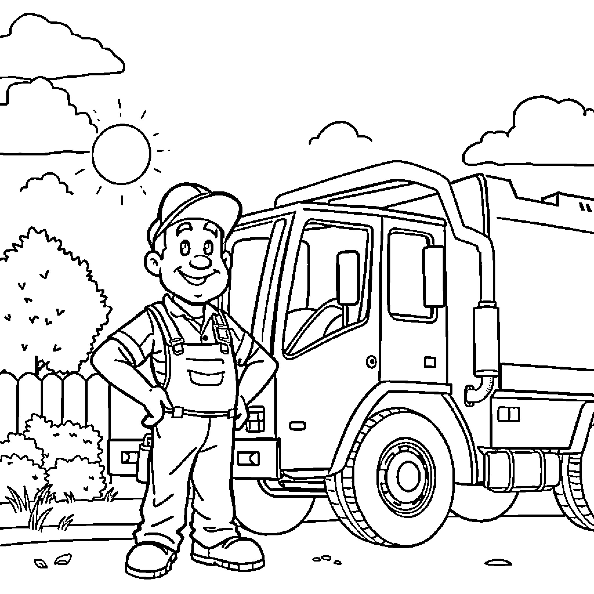 Handyman operating a construction vehicle Coloring Page (free black-and-white line drawing printable PDF for all, from beginners to advanced learners, including children, teens, adults, and seniors)