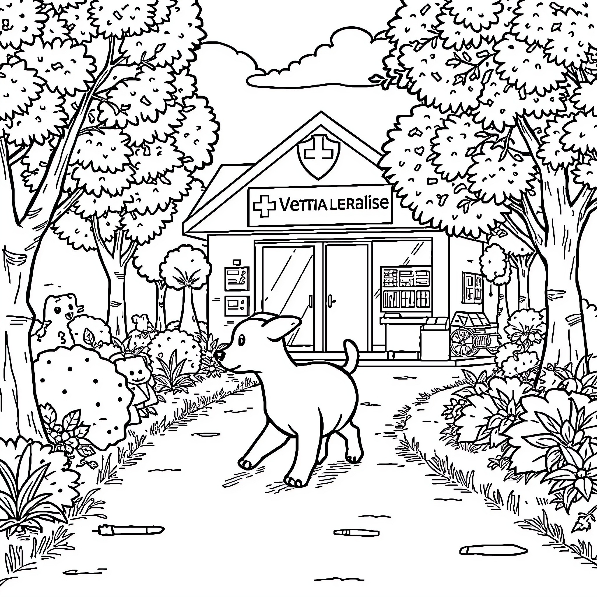 Turkey in a Veterinary Clinic Landscape Coloring Page (free black-and-white line drawing printable PDF for all, from beginners to advanced learners, including children, teens, adults, and seniors)
