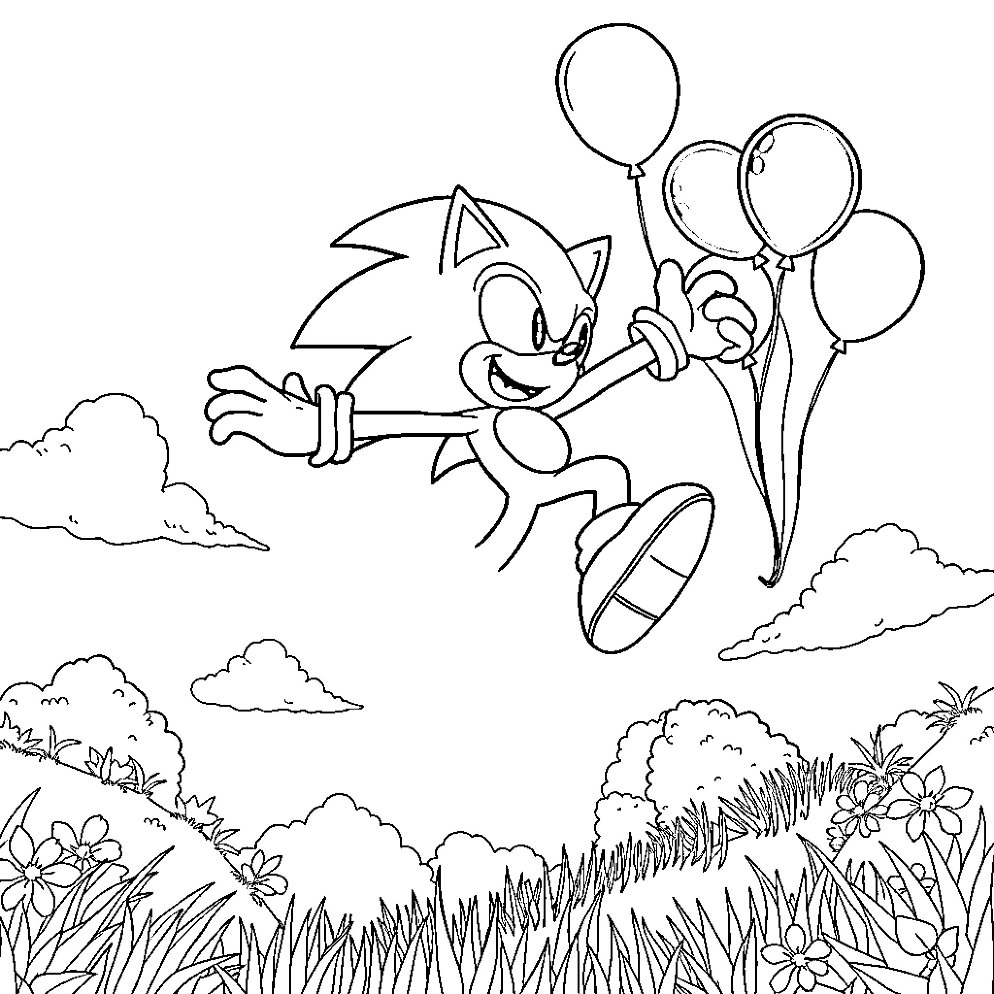 Sonic jumping joyfully with balloons in the meadow Coloring Page (free black-and-white line drawing printable PDF for all, from beginners to advanced learners, including children, teens, adults, and seniors)