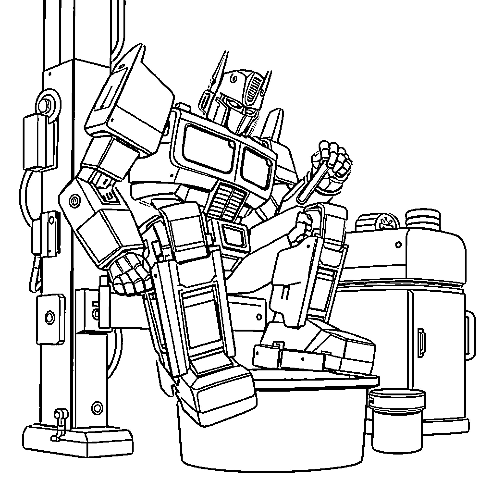 Optimus Prime transforming into powerful robot mode Coloring Page (free black-and-white line drawing printable PDF for all, from beginners to advanced learners, including children, teens, adults, and seniors)