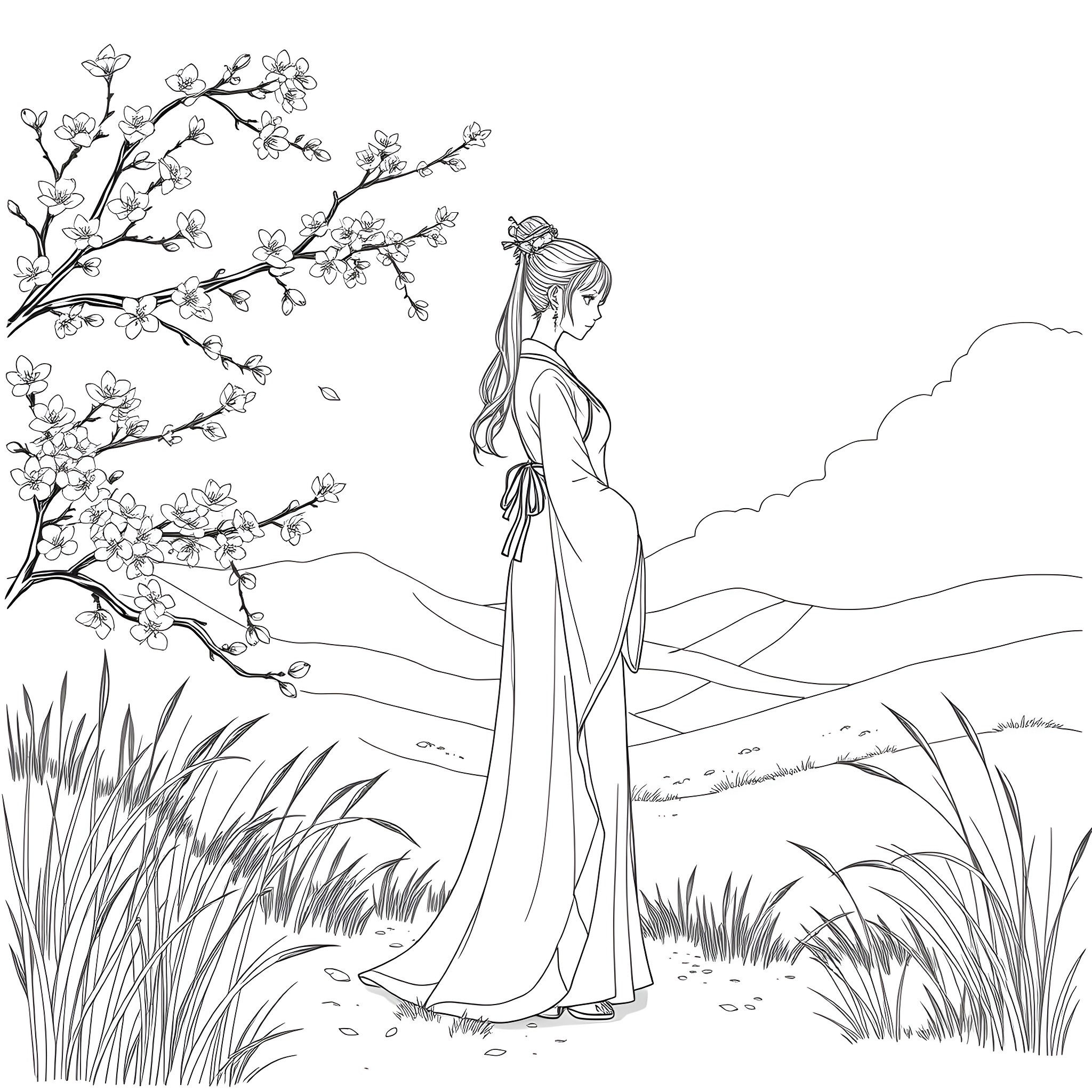 Hanbok-clad figure in a serene garden landscape Coloring Page (free black-and-white line drawing printable PDF for all, from beginners to advanced learners, including children, teens, adults, and seniors)