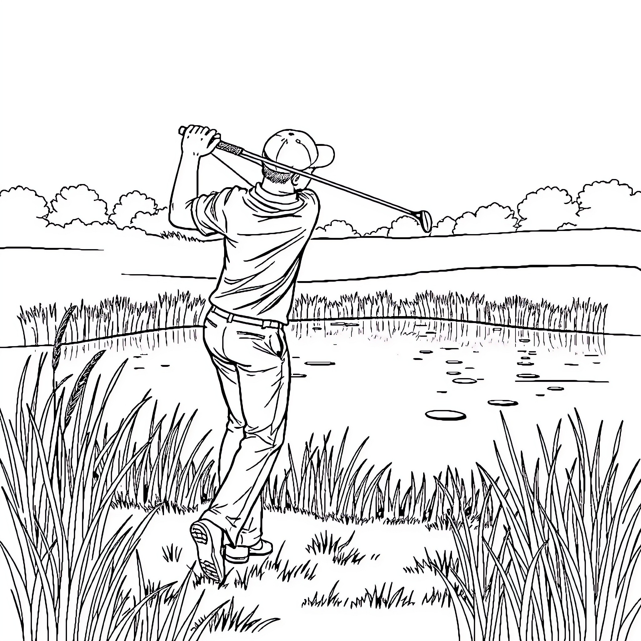 Golfer taking a swing on the course Coloring Page (free black-and-white line drawing printable PDF for all, from beginners to advanced learners, including children, teens, adults, and seniors)