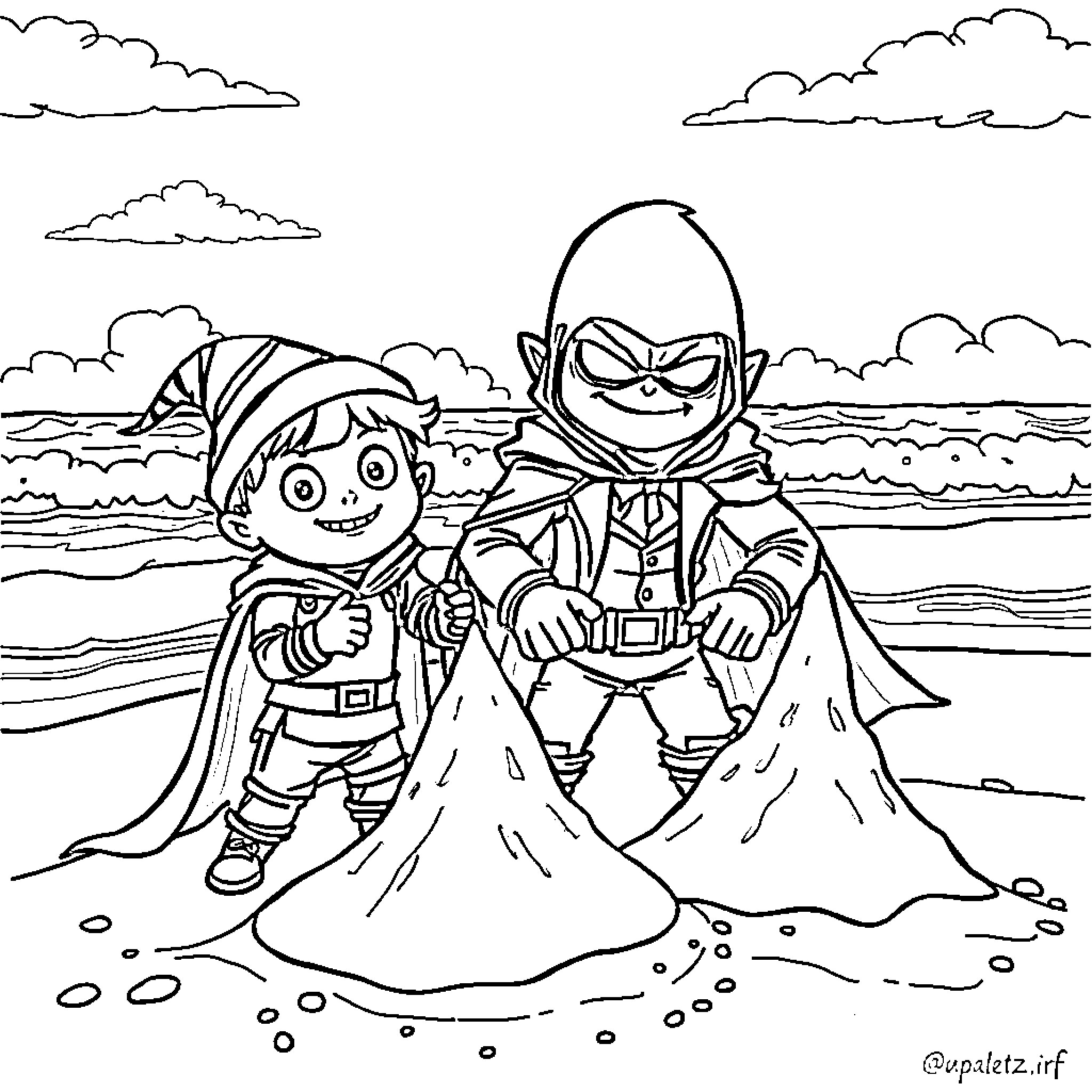 Doctor Evil's Diabolical Duo in the Dunes Coloring Page (free black-and-white line drawing printable PDF for all, from beginners to advanced learners, including children, teens, adults, and seniors)