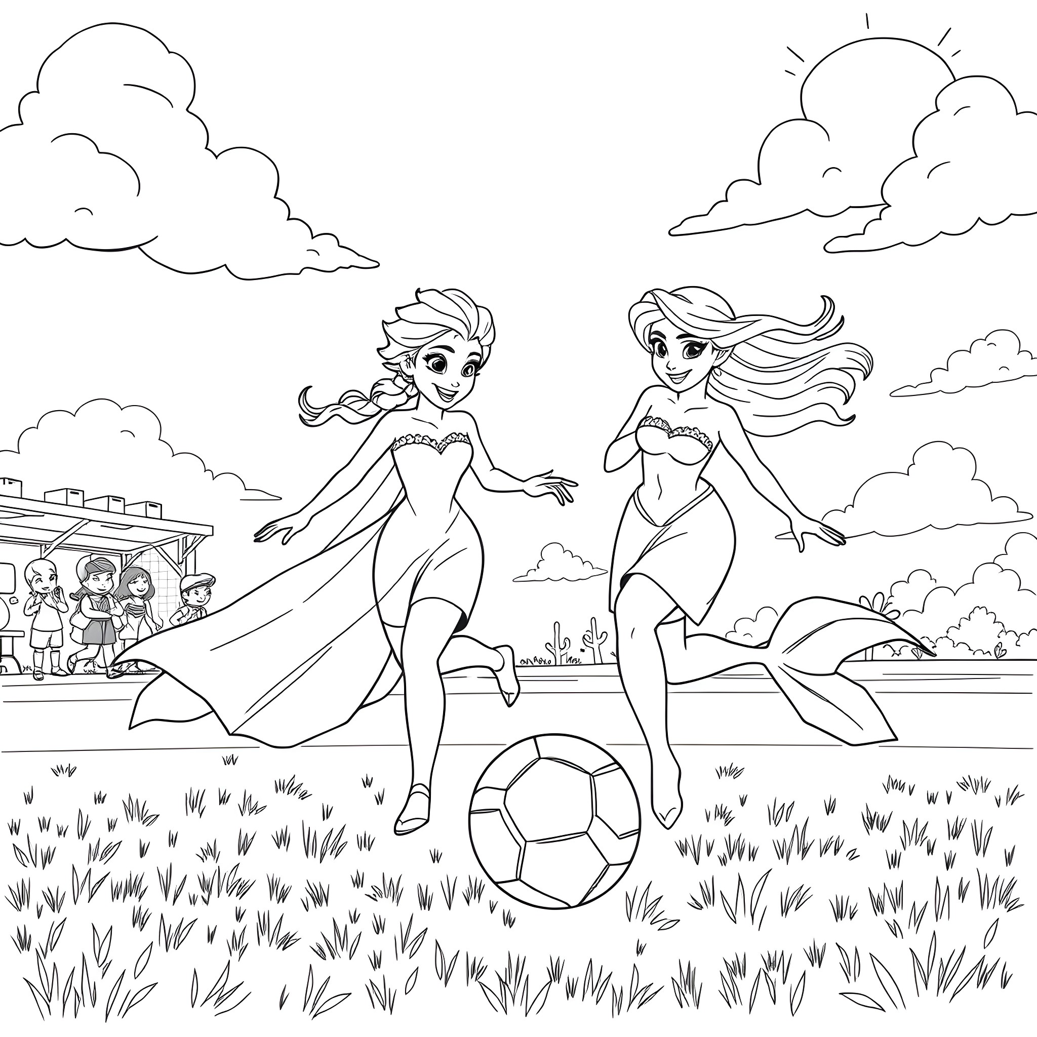 Elsa and Anna playing soccer in the park Coloring Page (free black-and-white line drawing printable PDF for all, from beginners to advanced learners, including children, teens, adults, and seniors)