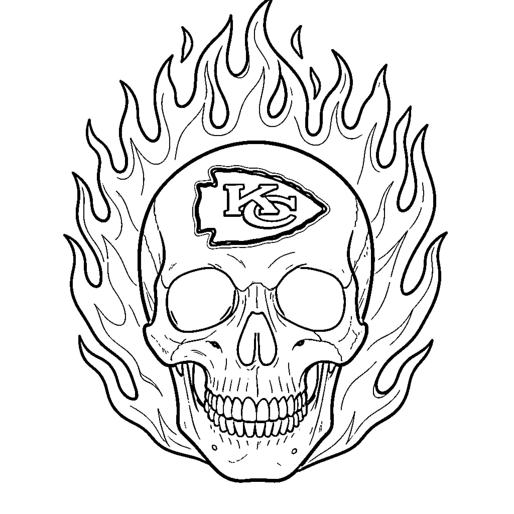 Skull with Flames and Sports Logo Coloring Page (free black-and-white line drawing printable PDF for all, from beginners to advanced learners, including children, teens, adults, and seniors)