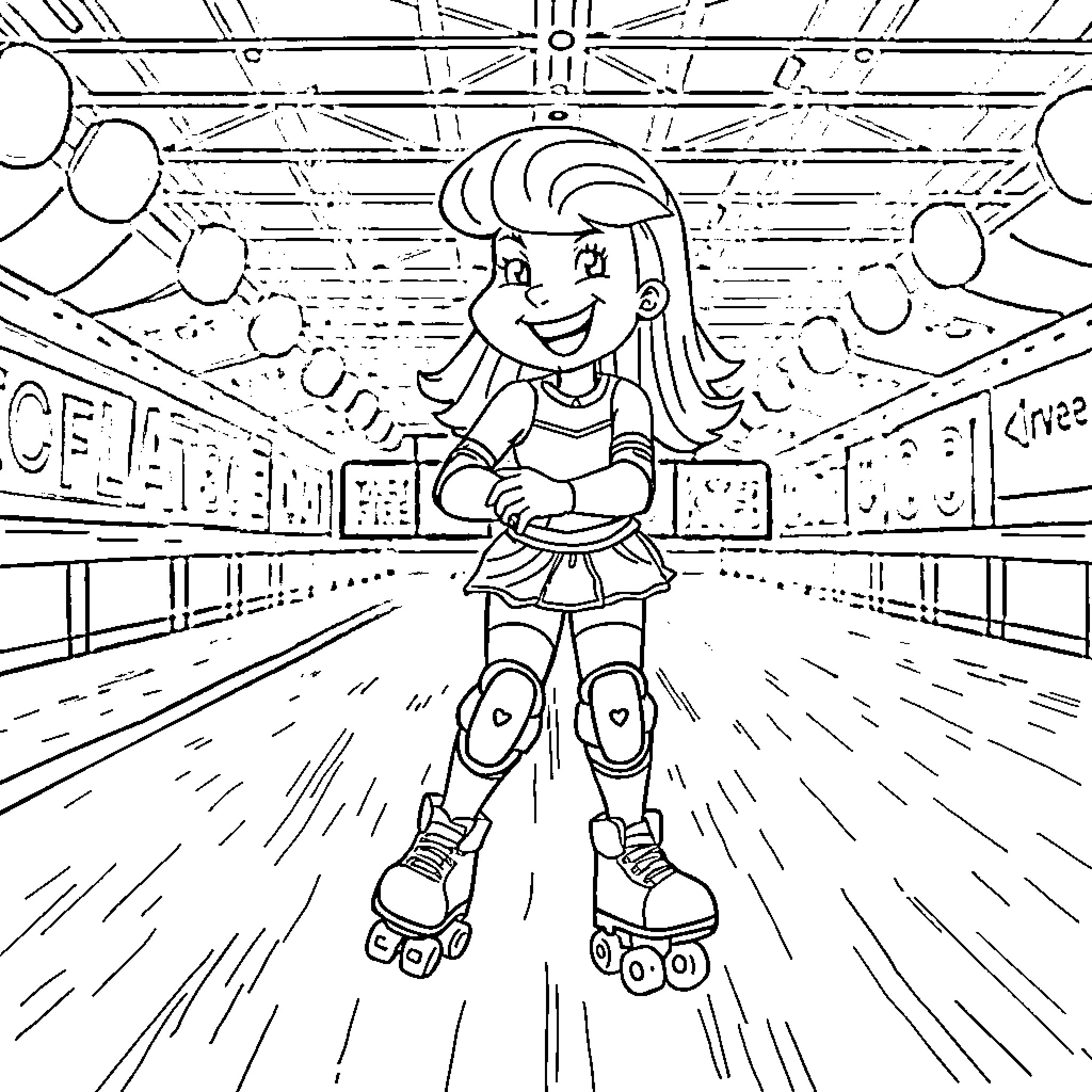 Stevie Griffin roller skating cheerfully in the arena Coloring Page (free black-and-white line drawing printable PDF for all, from beginners to advanced learners, including children, teens, adults, and seniors)